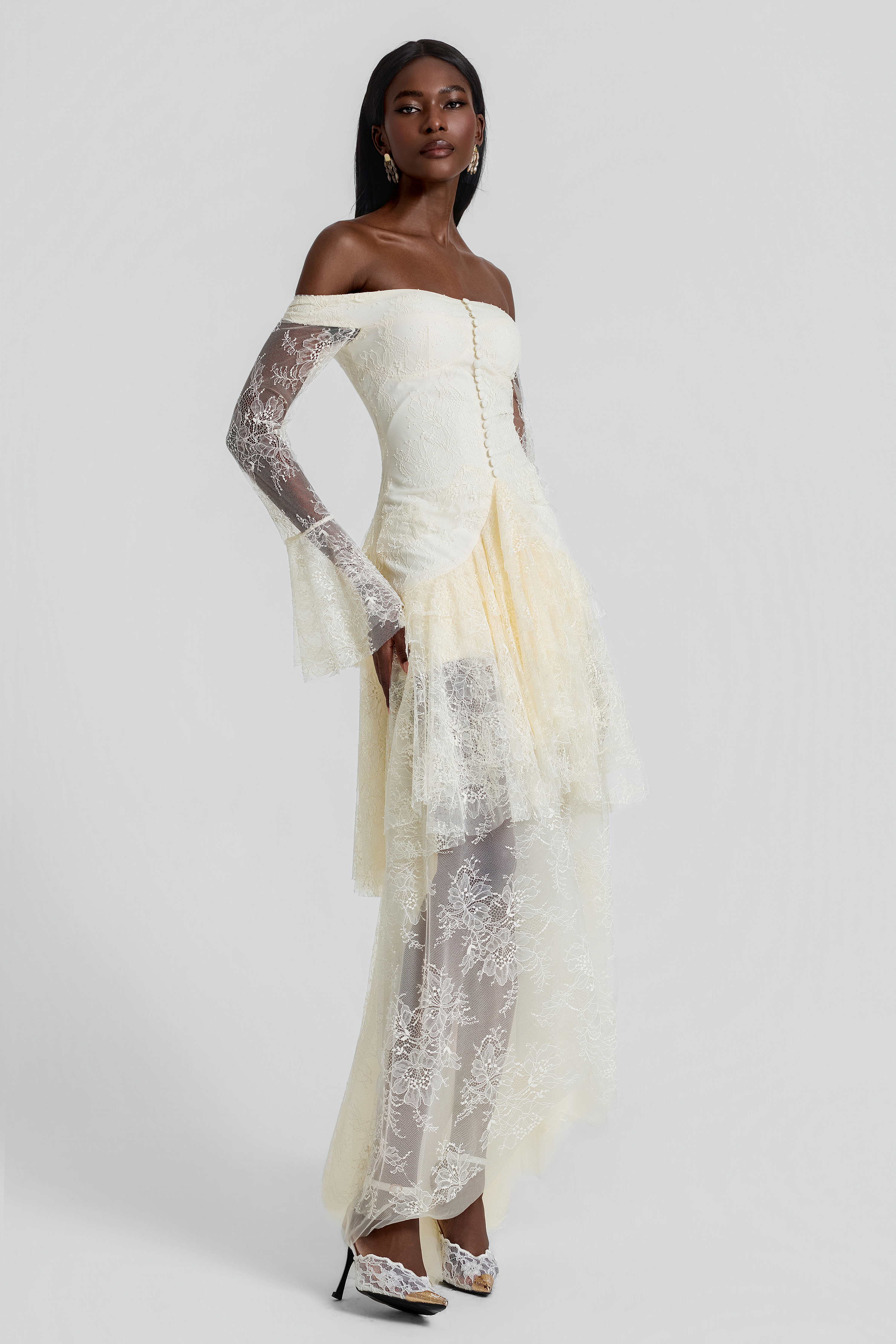 Lace Off Shoulder Ruffle Maxi Dress