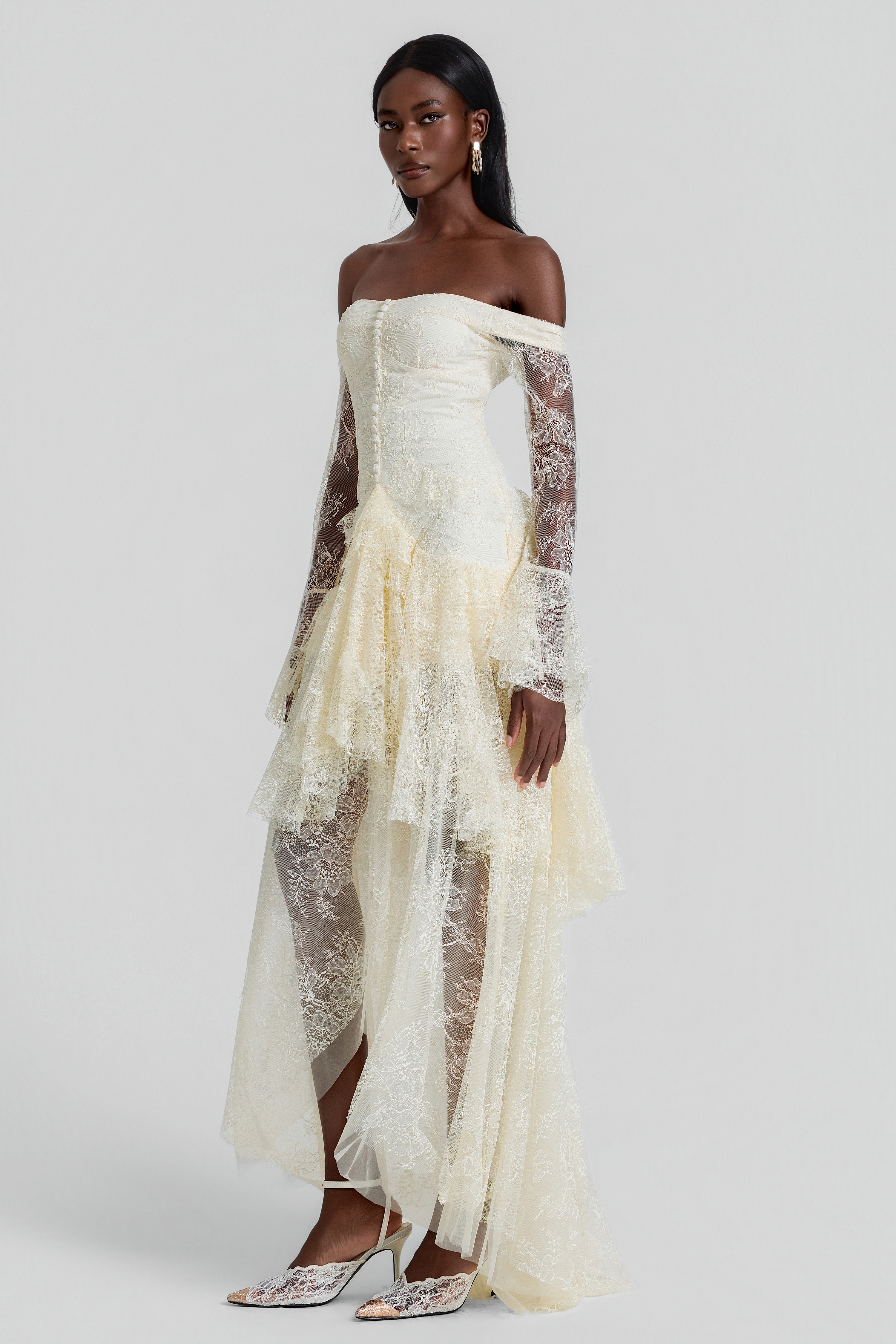 Lace Off Shoulder Ruffle Maxi Dress