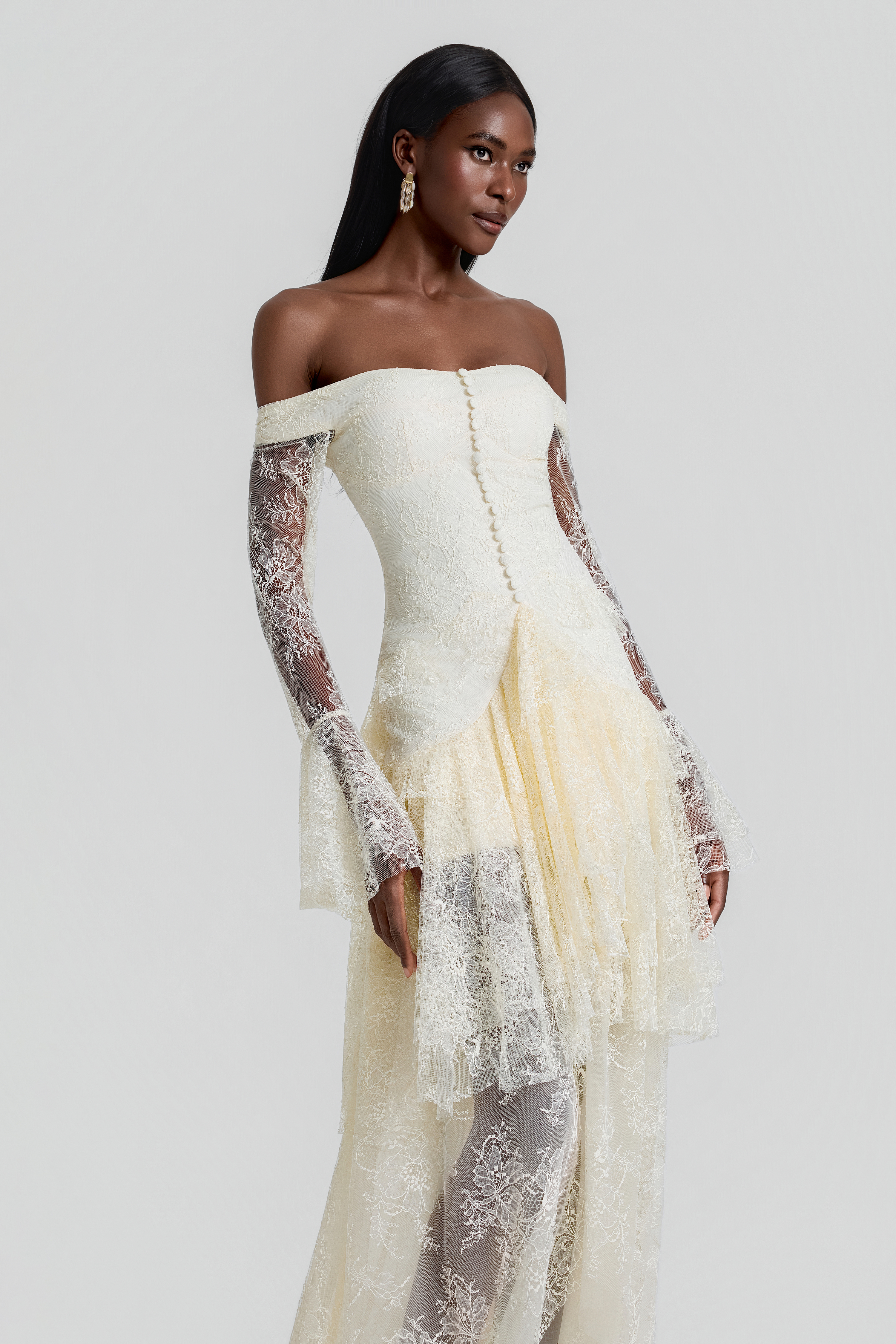 Lace Off Shoulder Ruffle Maxi Dress