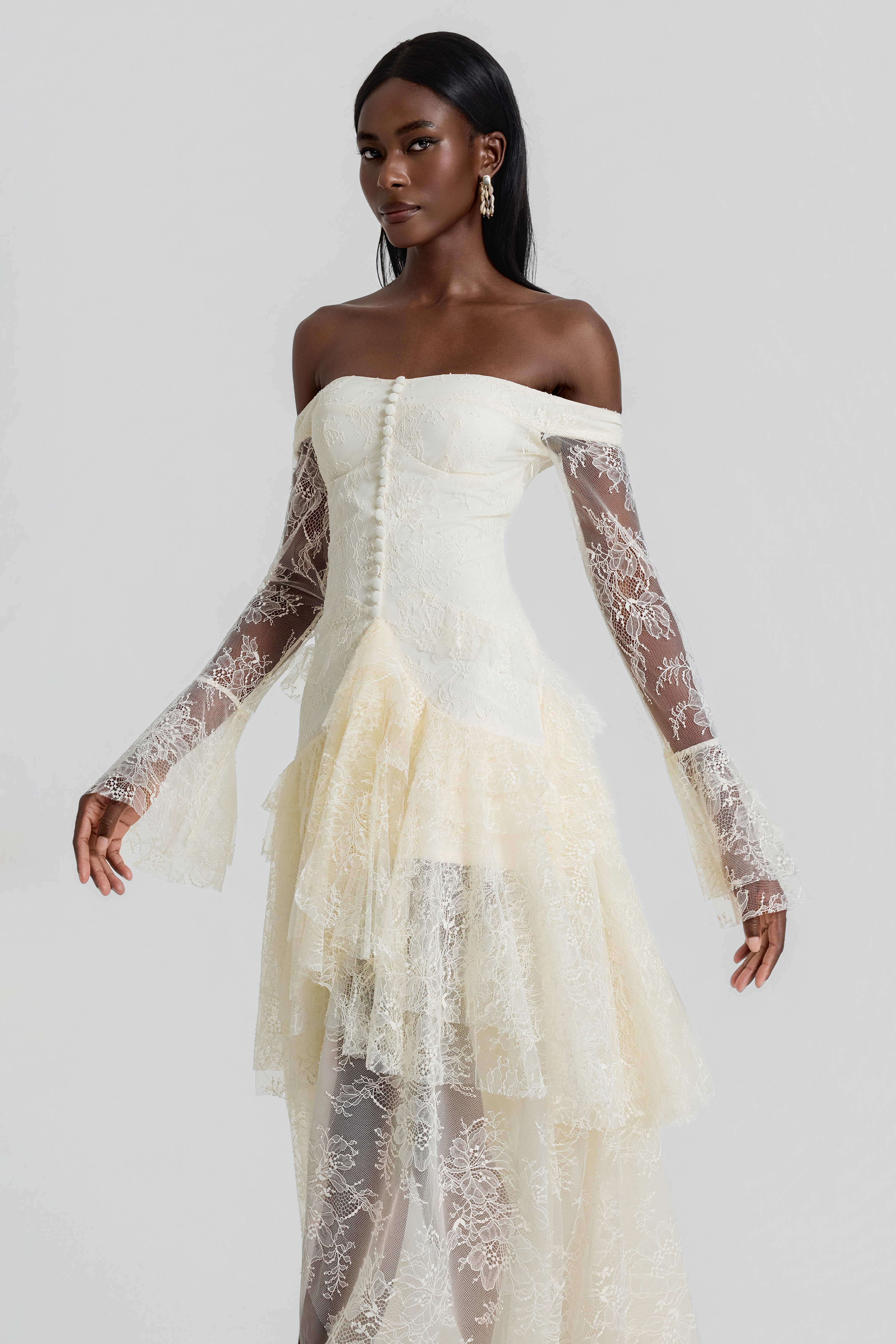 Lace Off Shoulder Ruffle Maxi Dress