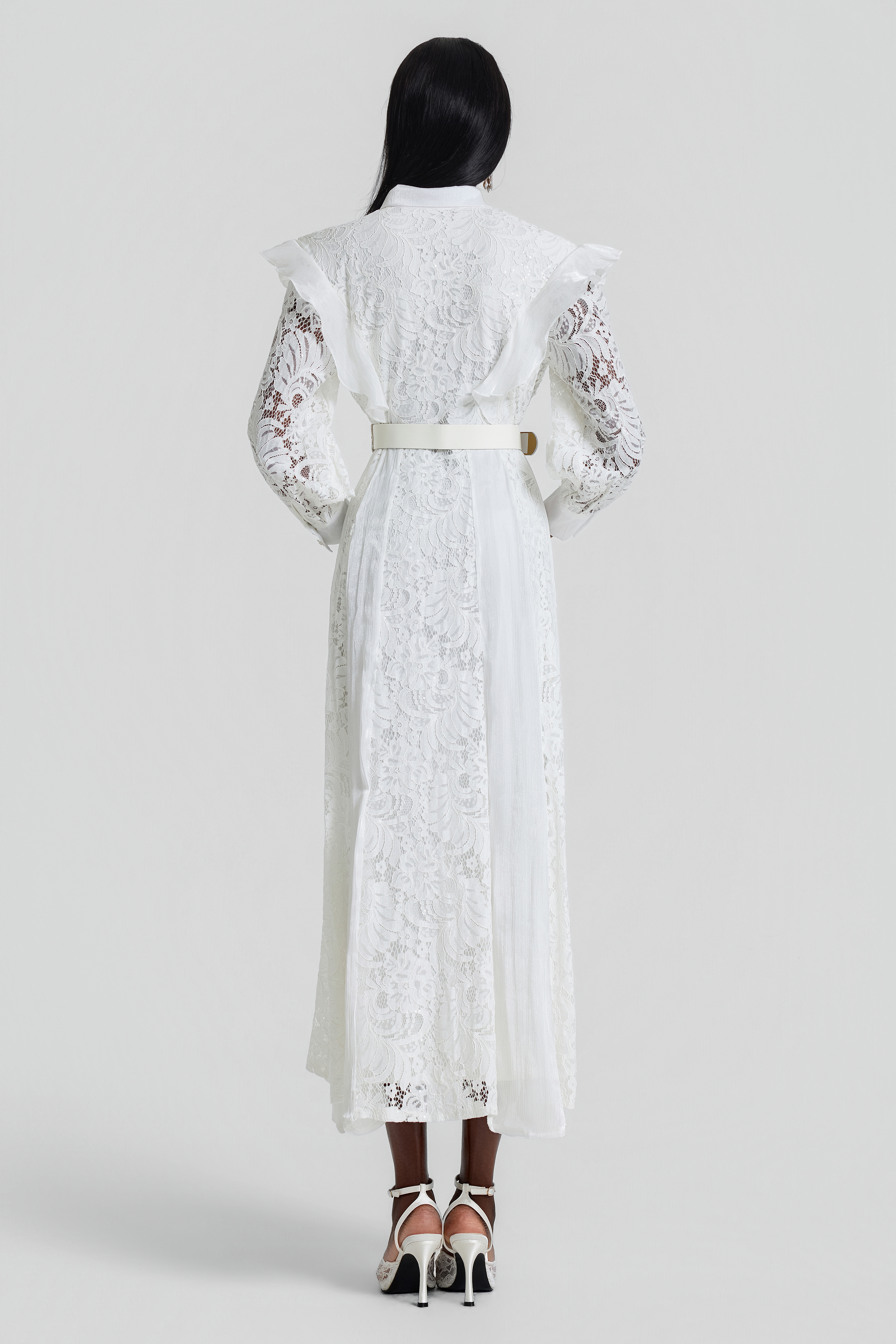 Nail Bead Embroidery Ruffle Flapped Midi Dress With Belt