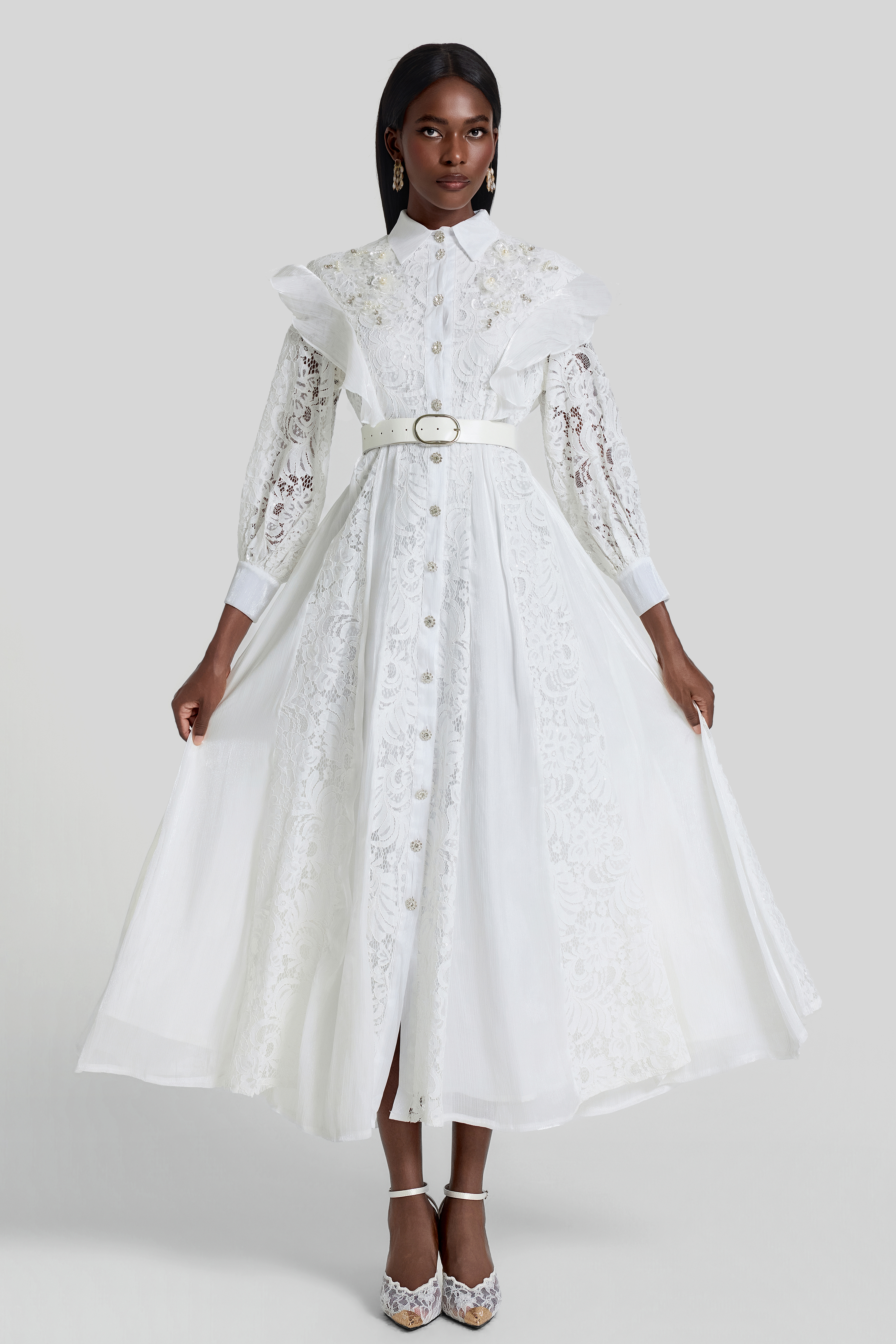 Nail Bead Embroidery Ruffle Flapped Midi Dress With Belt