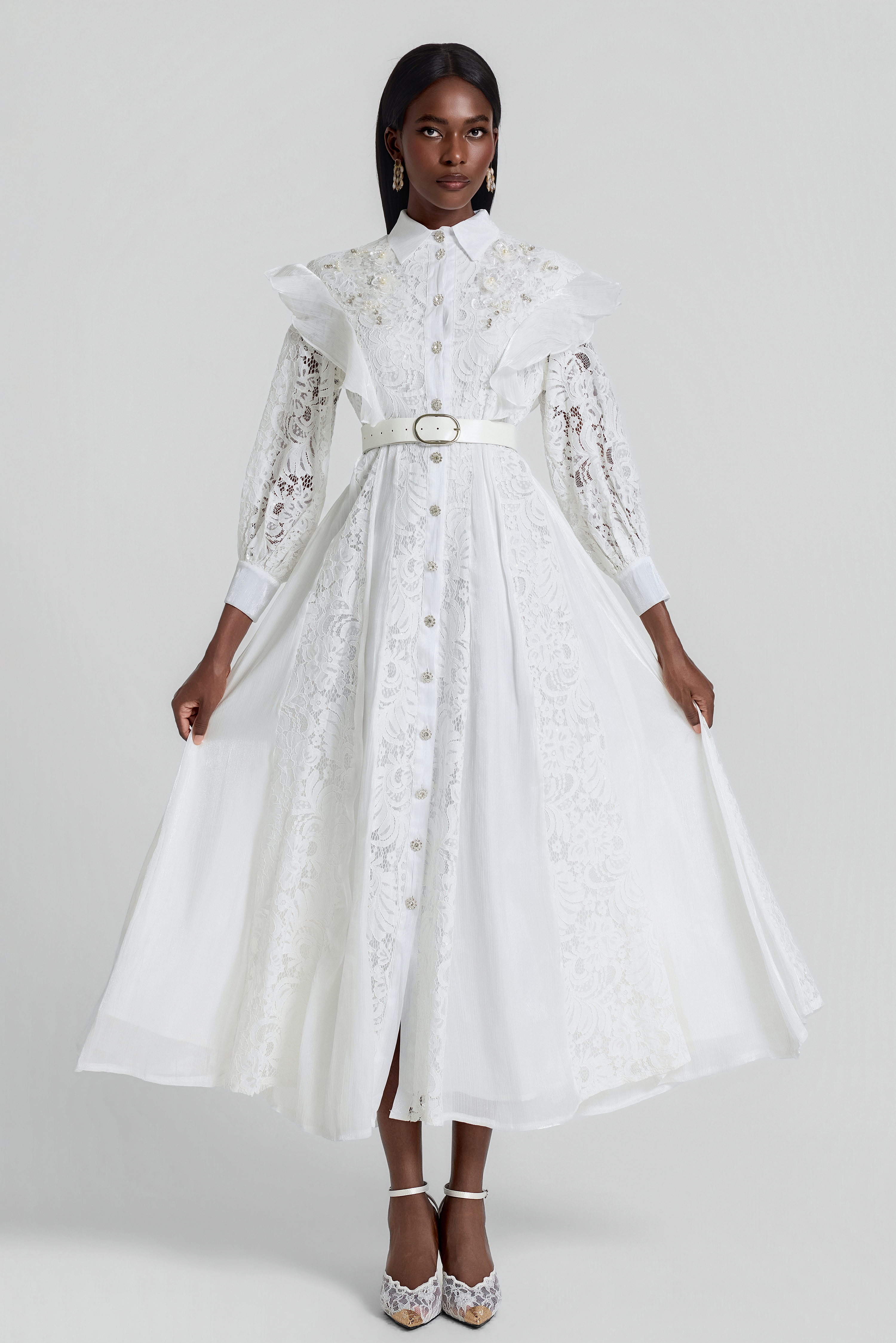 Nail Bead Embroidery Ruffle Flapped Midi Dress With Belt