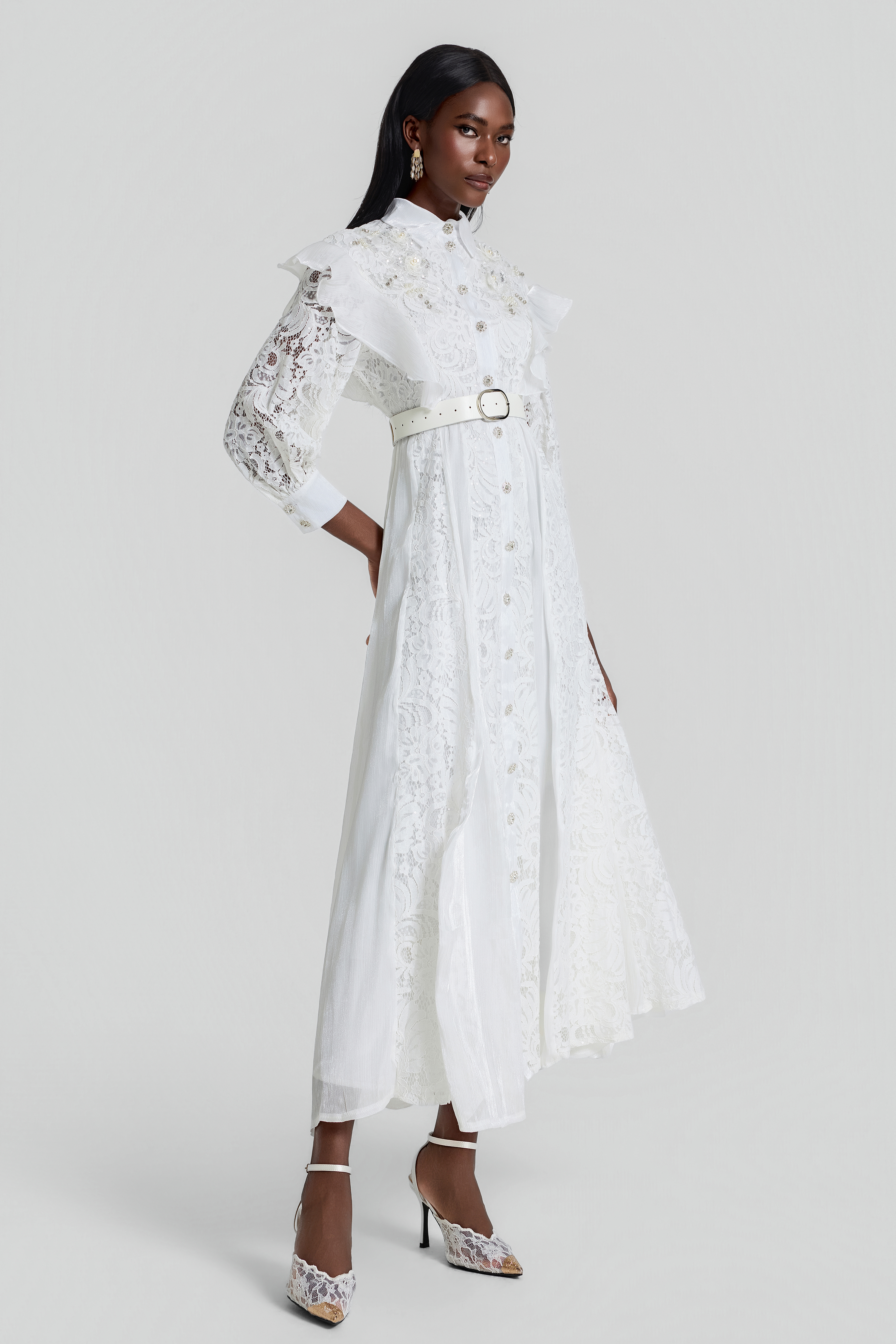 Nail Bead Embroidery Ruffle Flapped Midi Dress With Belt