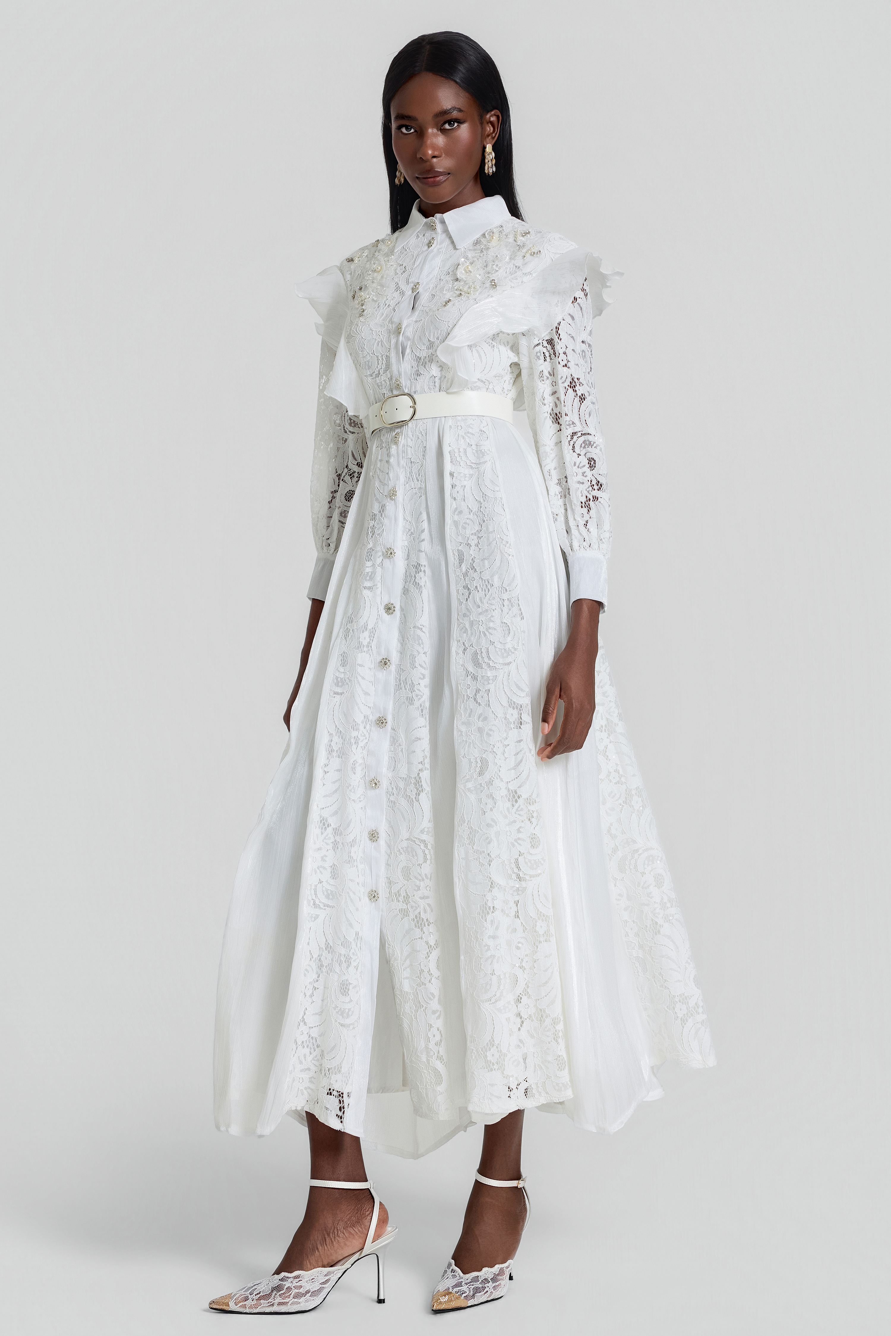 Nail Bead Embroidery Ruffle Flapped Midi Dress With Belt
