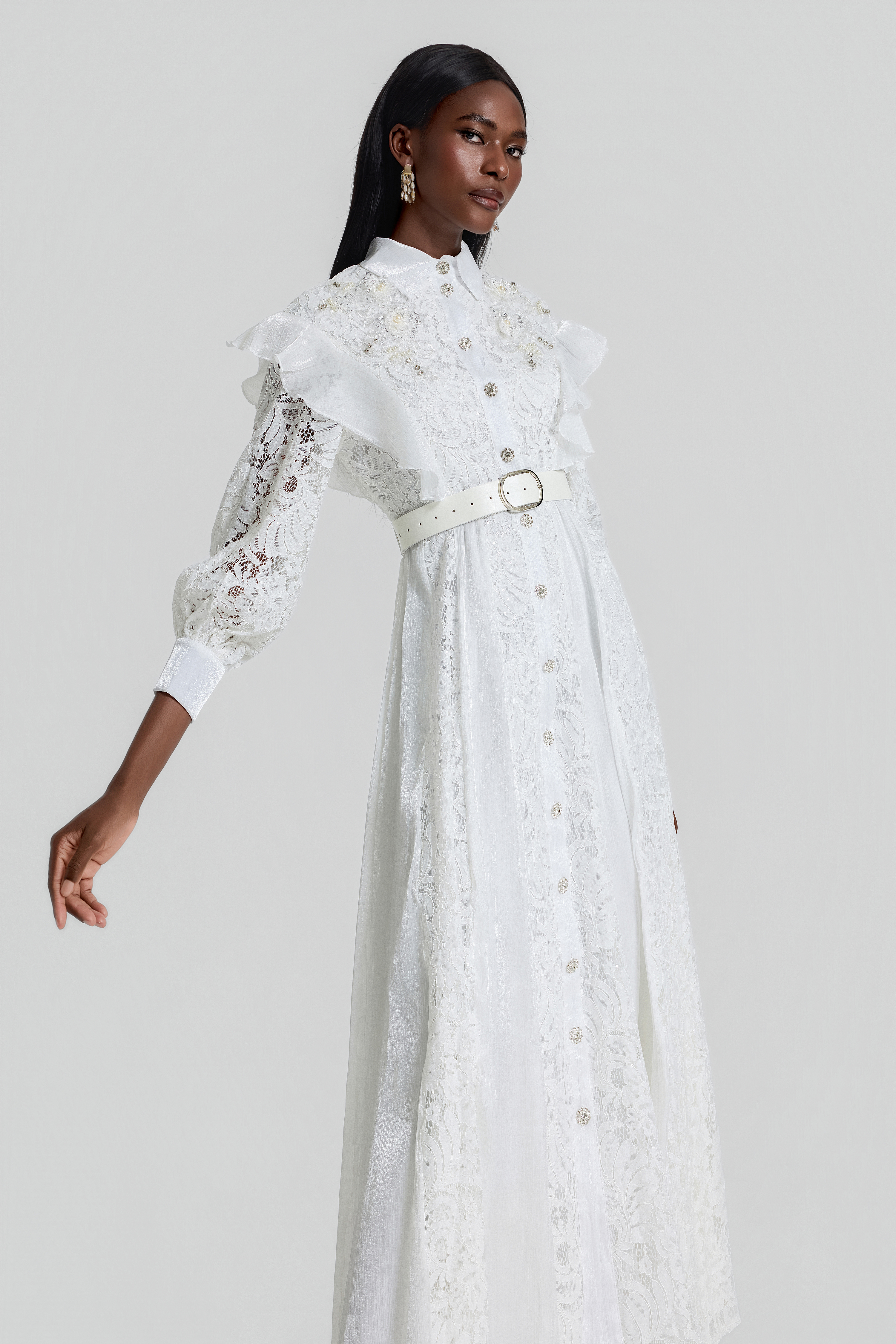 Nail Bead Embroidery Ruffle Flapped Midi Dress With Belt