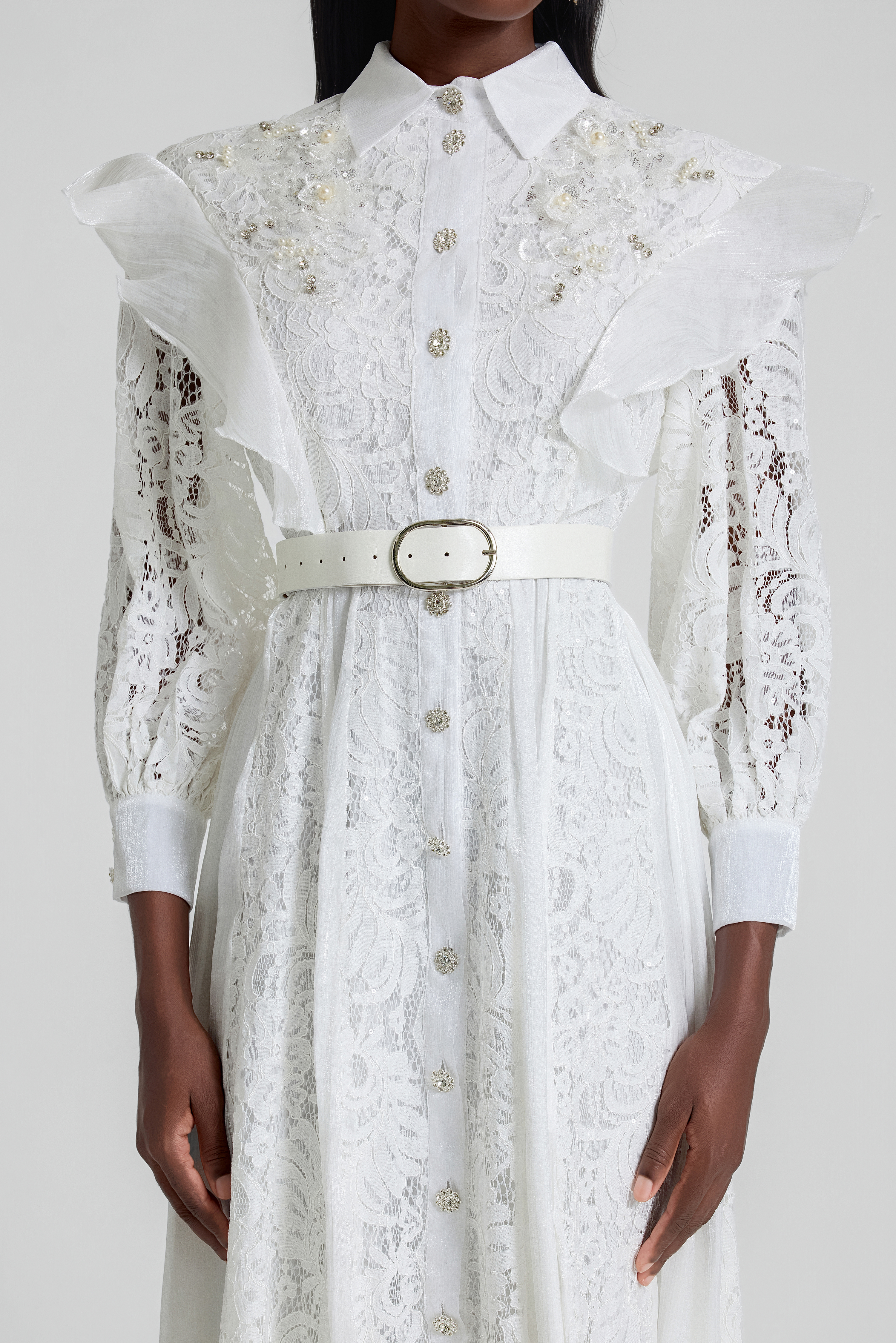 Nail Bead Embroidery Ruffle Flapped Midi Dress With Belt