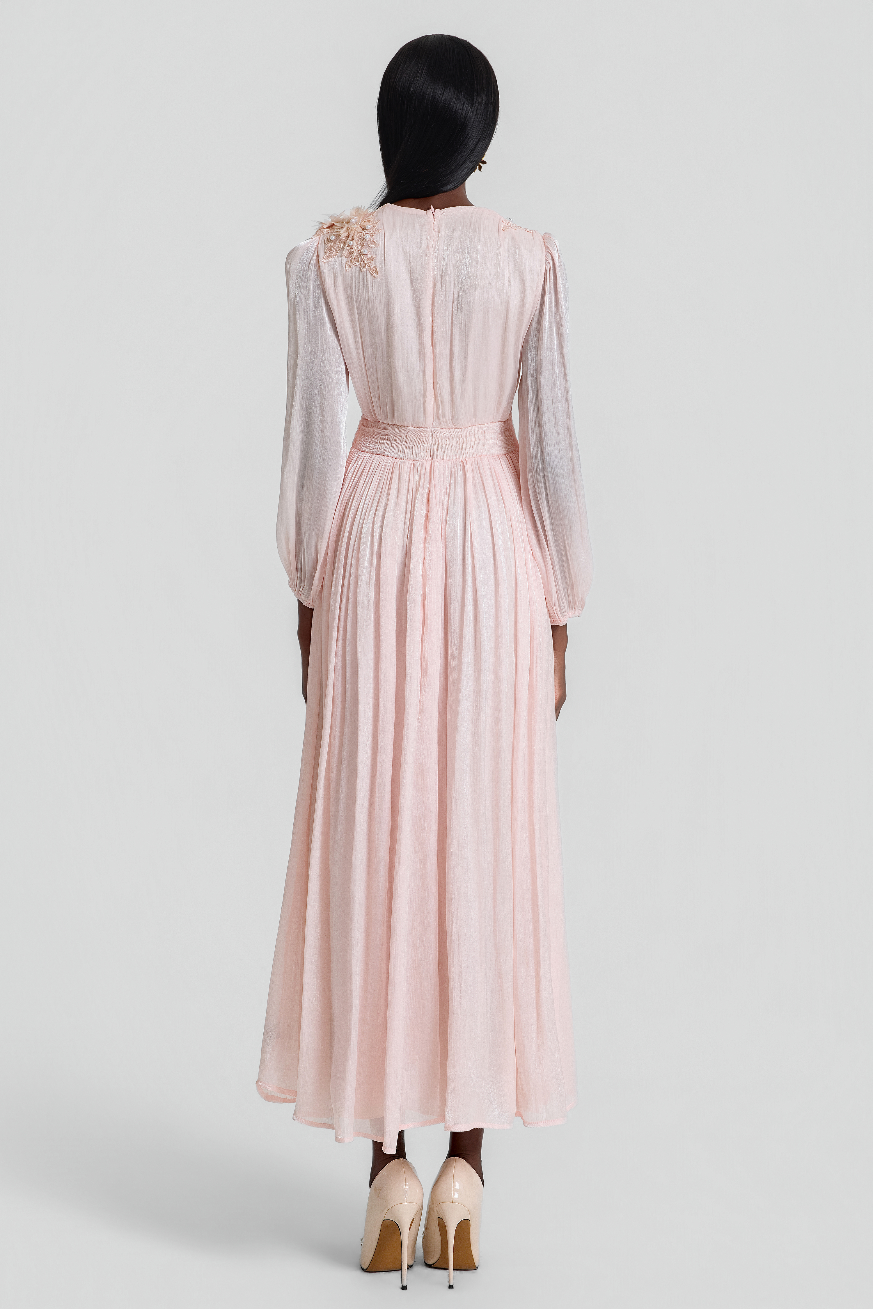 3D Flower V-Neck Gathering Midi Dress