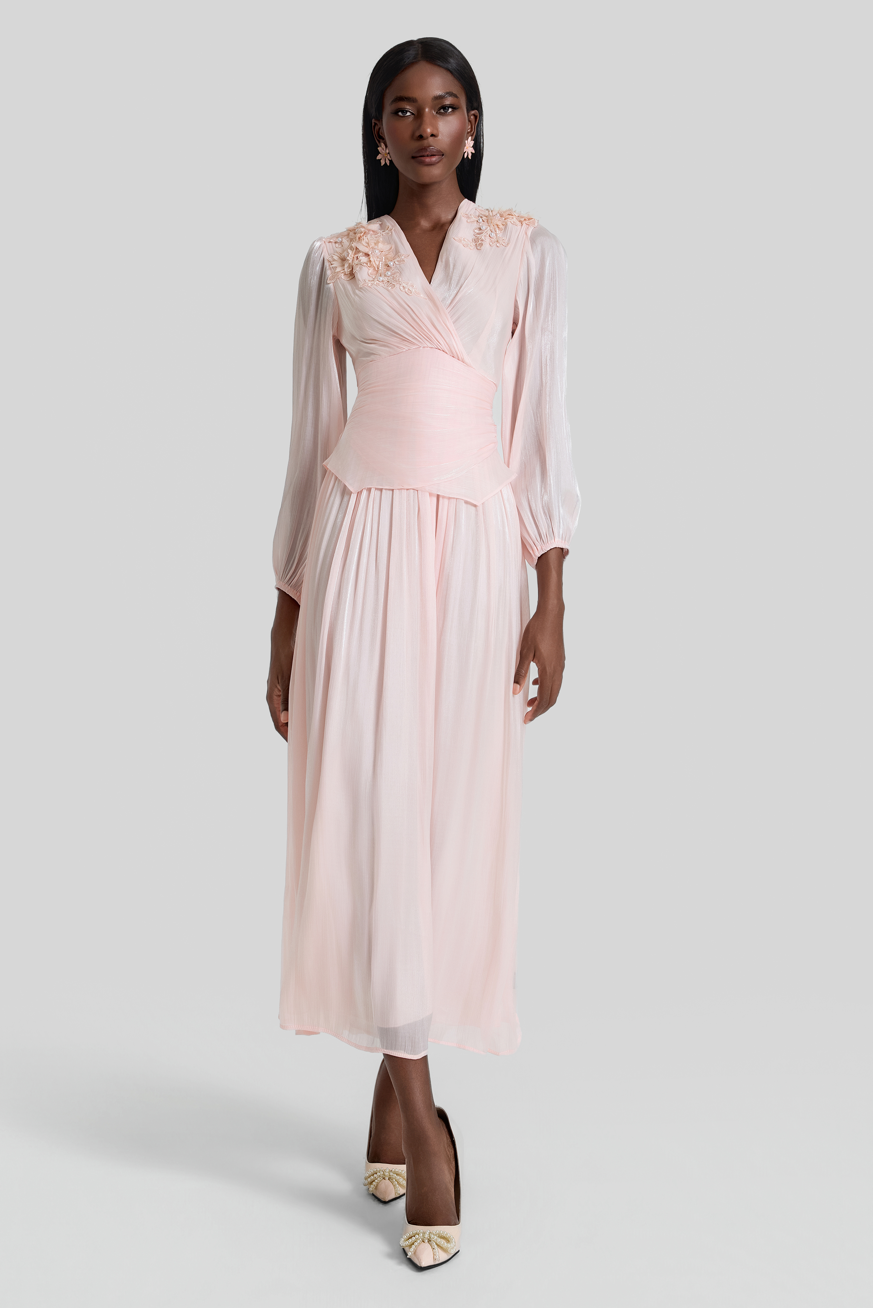 3D Flower V-Neck Gathering Midi Dress