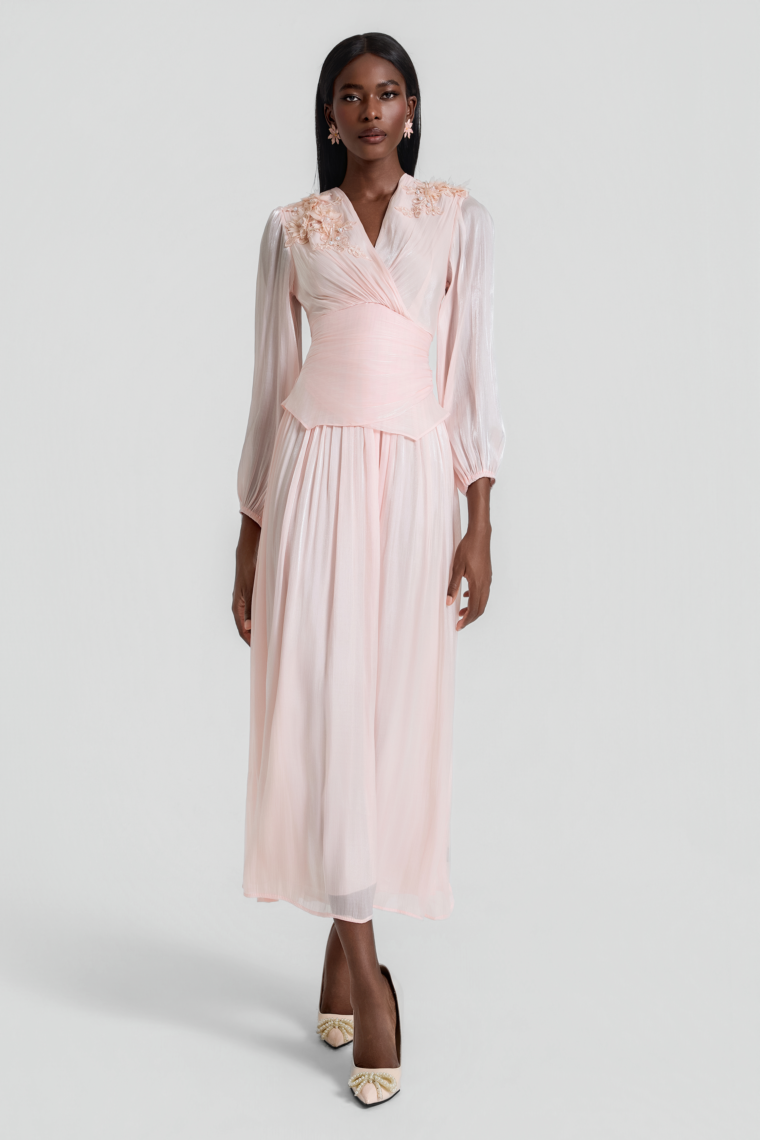 3D Flower V-Neck Gathering Midi Dress