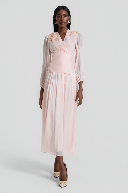 3D Flower V-Neck Gathering Midi Dress