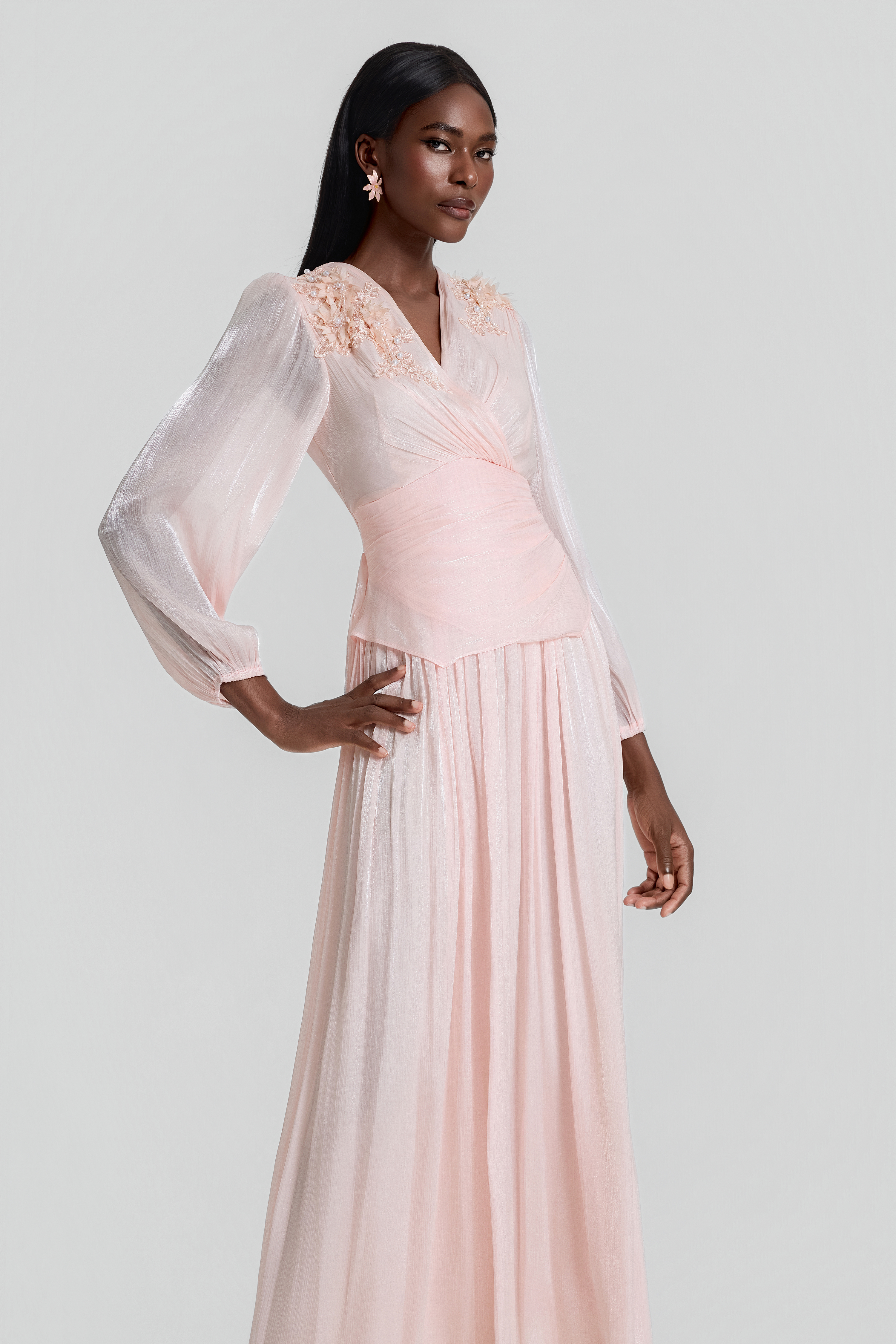 3D Flower V-Neck Gathering Midi Dress