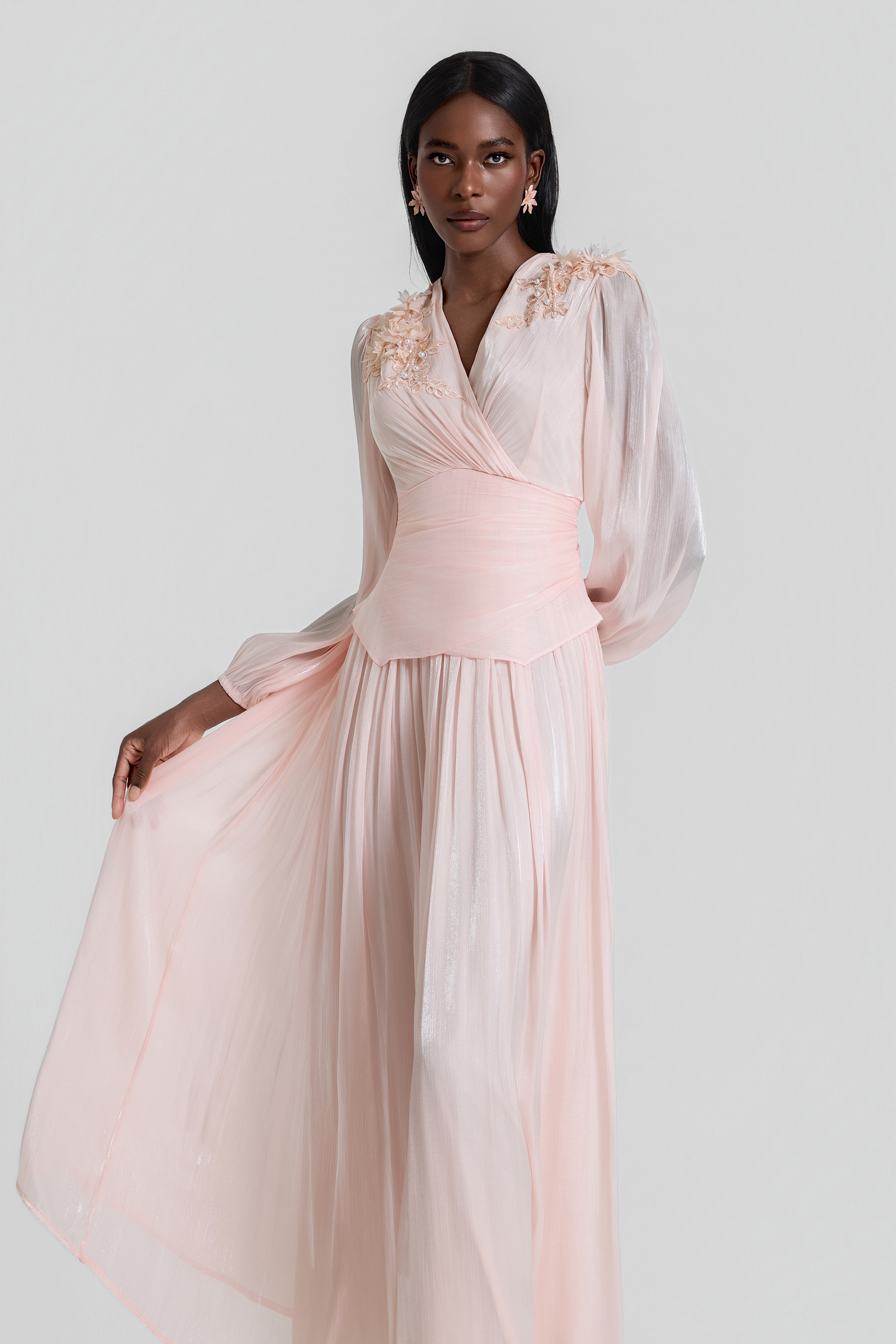 3D Flower V-Neck Gathering Midi Dress