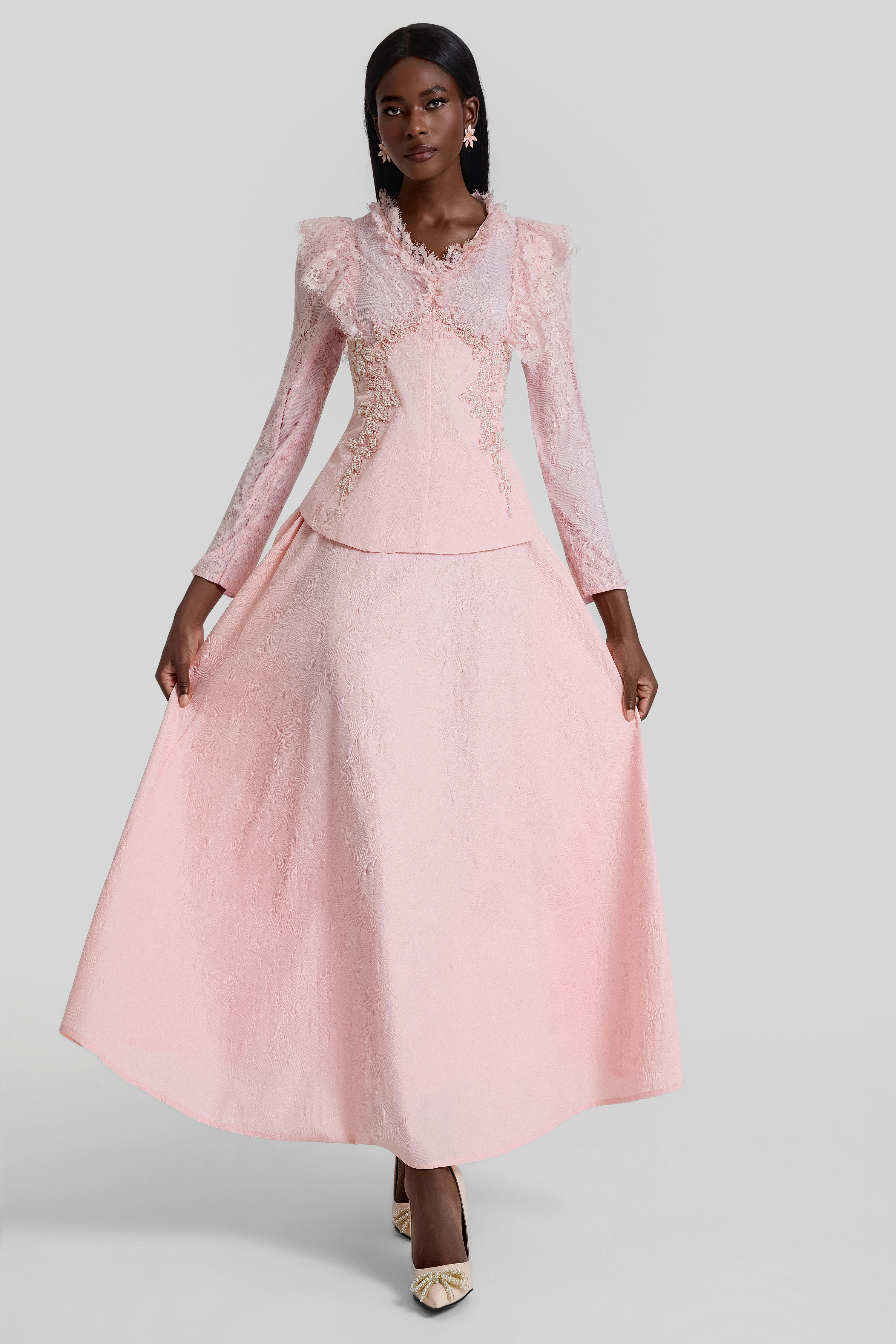Lace Embroidered Top & Mid Waist Maxi Skirt Set