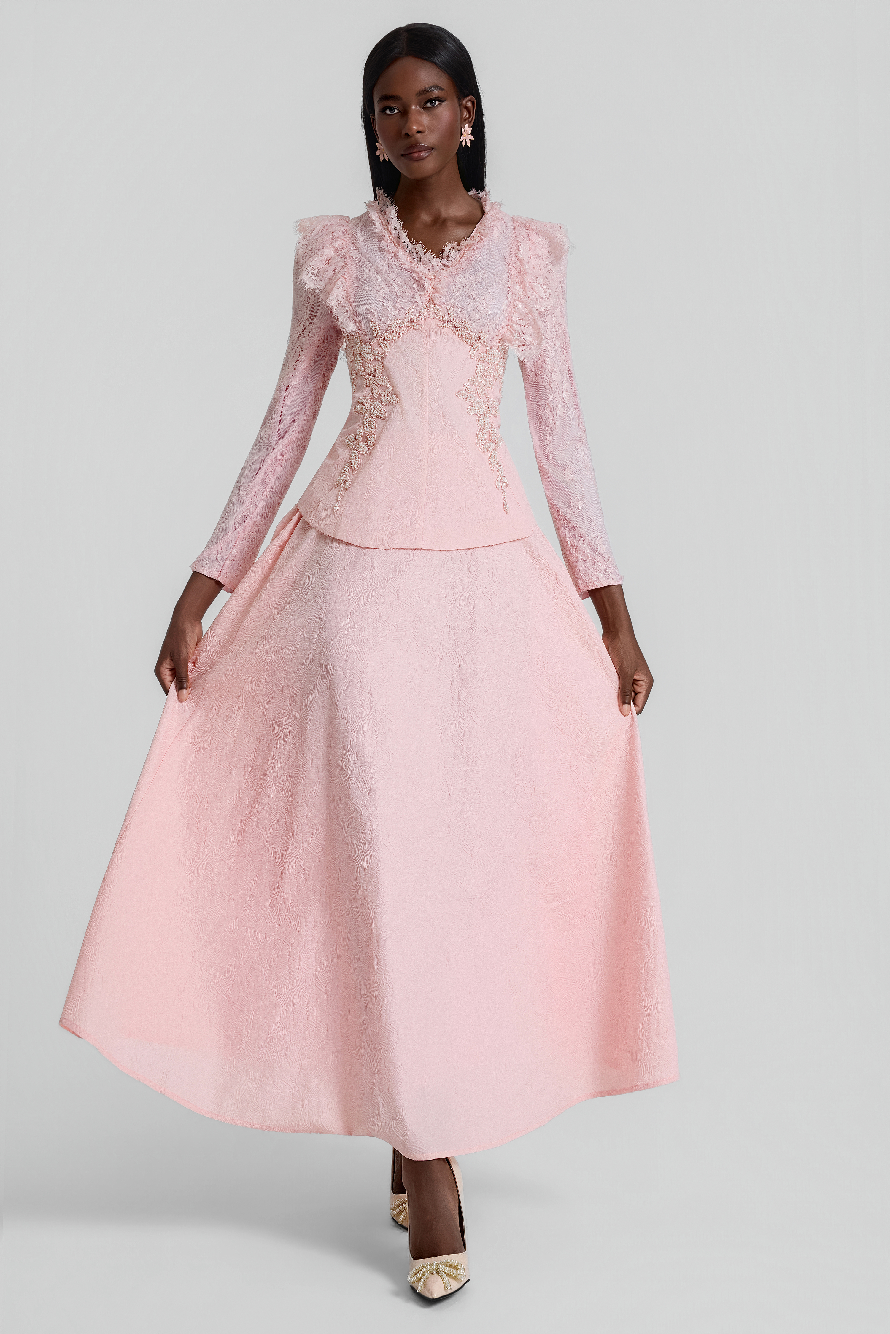 Lace Embroidered Top & Mid Waist Maxi Skirt Set