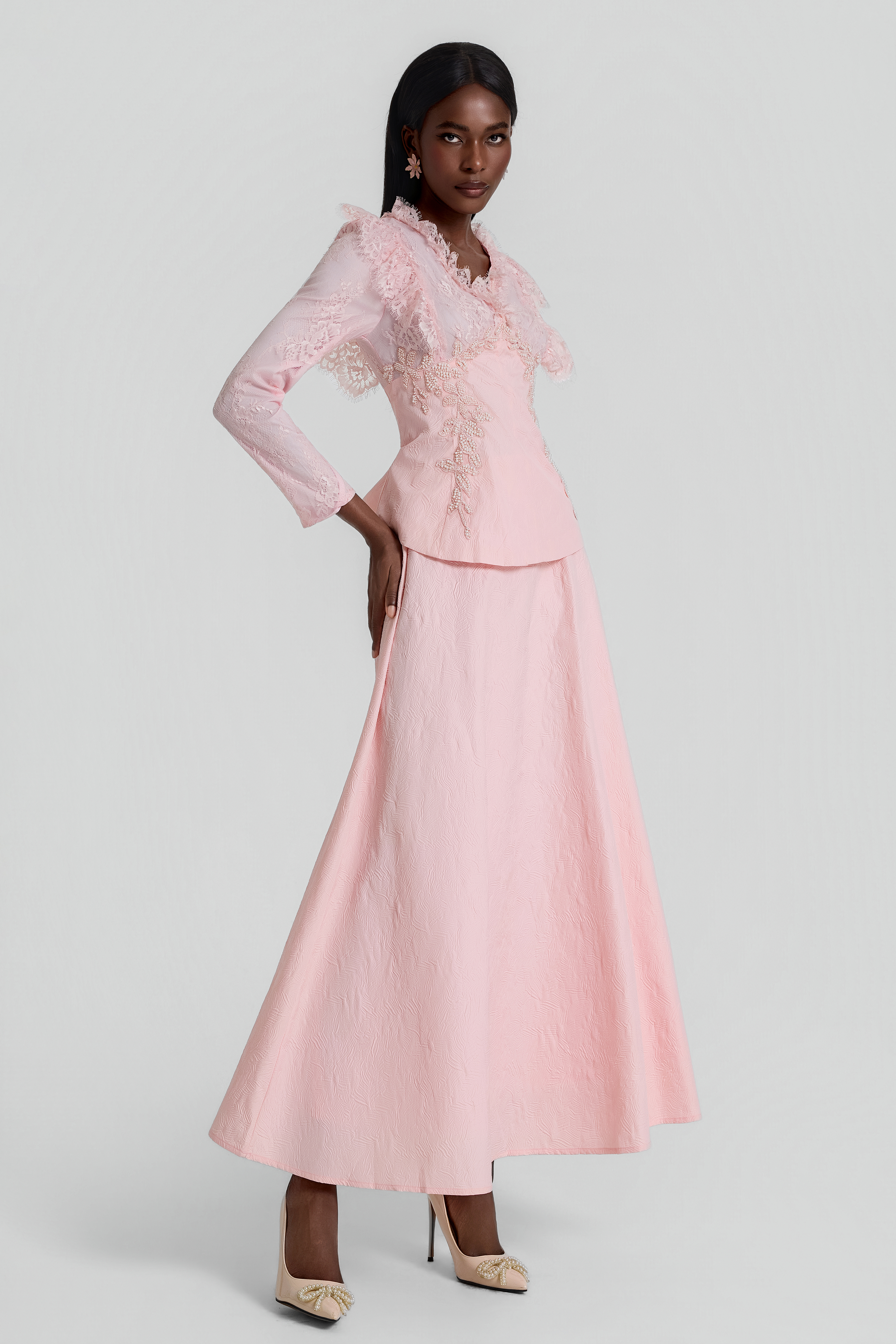 Lace Embroidered Top & Mid Waist Maxi Skirt Set