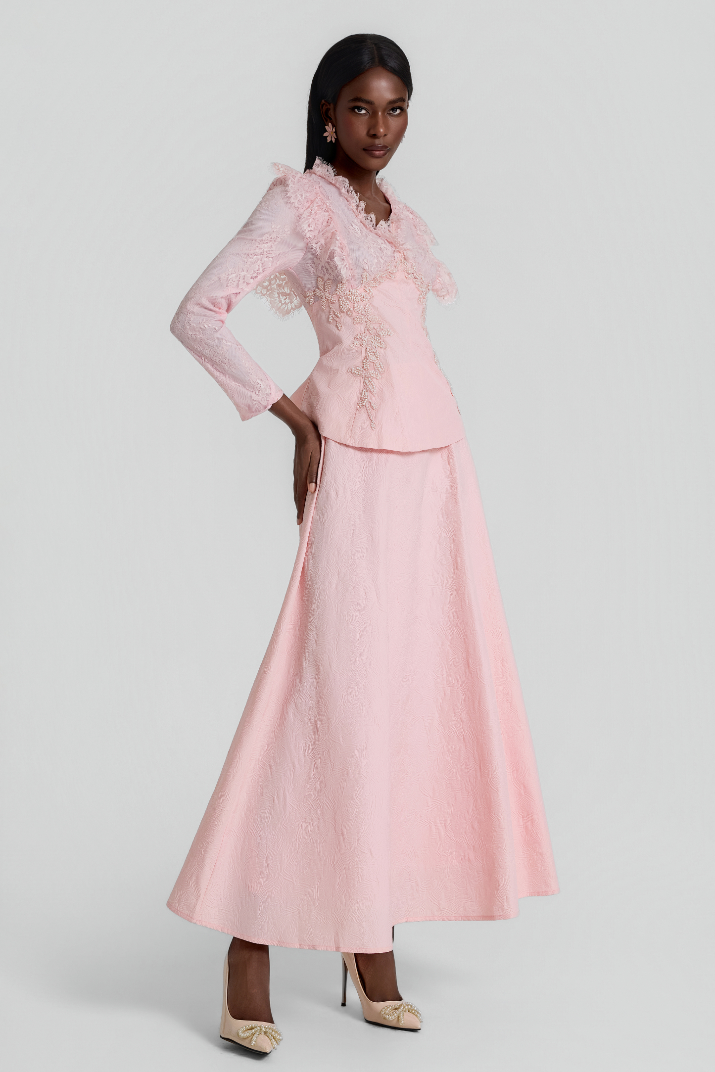 Lace Embroidered Top & Mid Waist Maxi Skirt Set