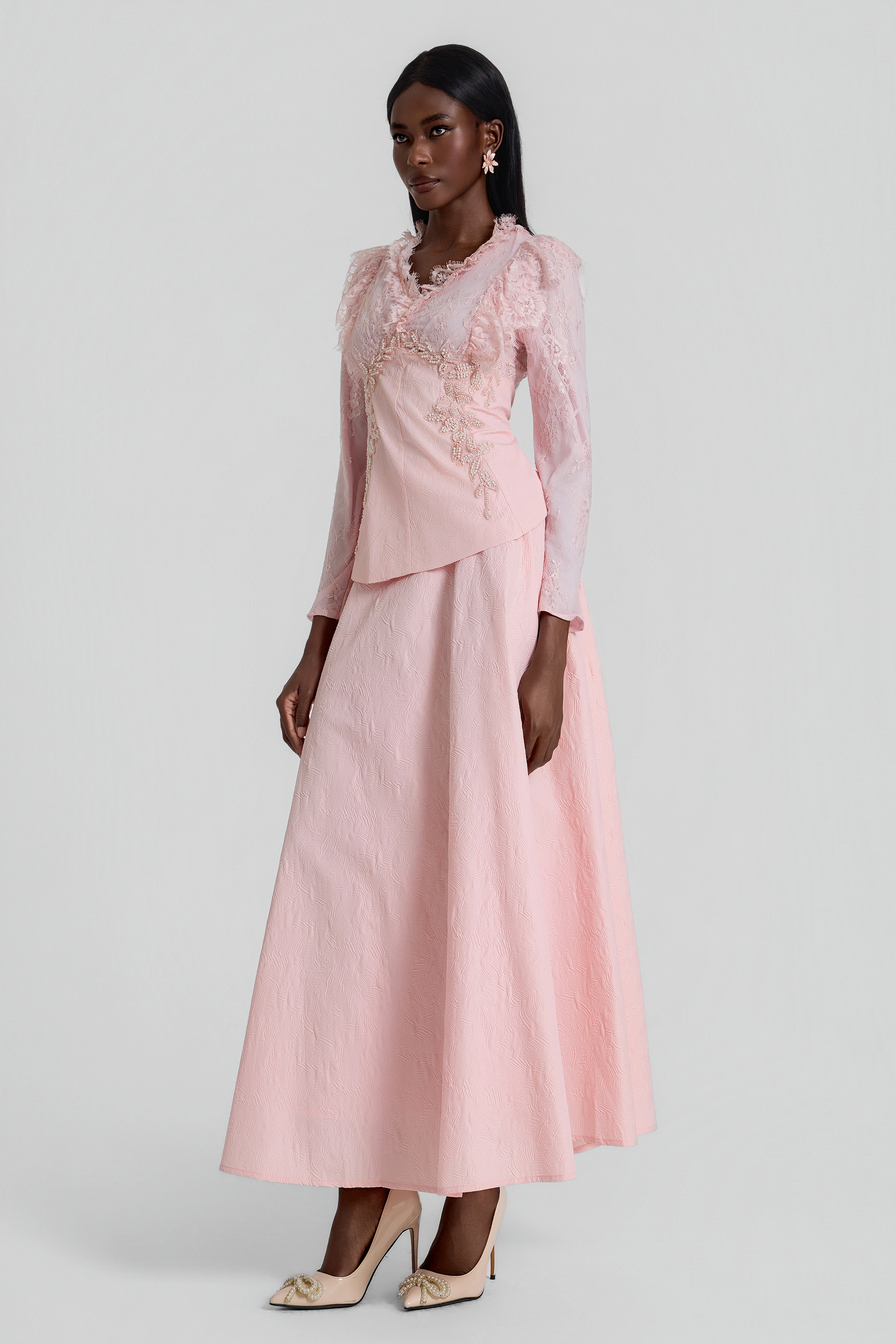 Lace Embroidered Top & Mid Waist Maxi Skirt Set