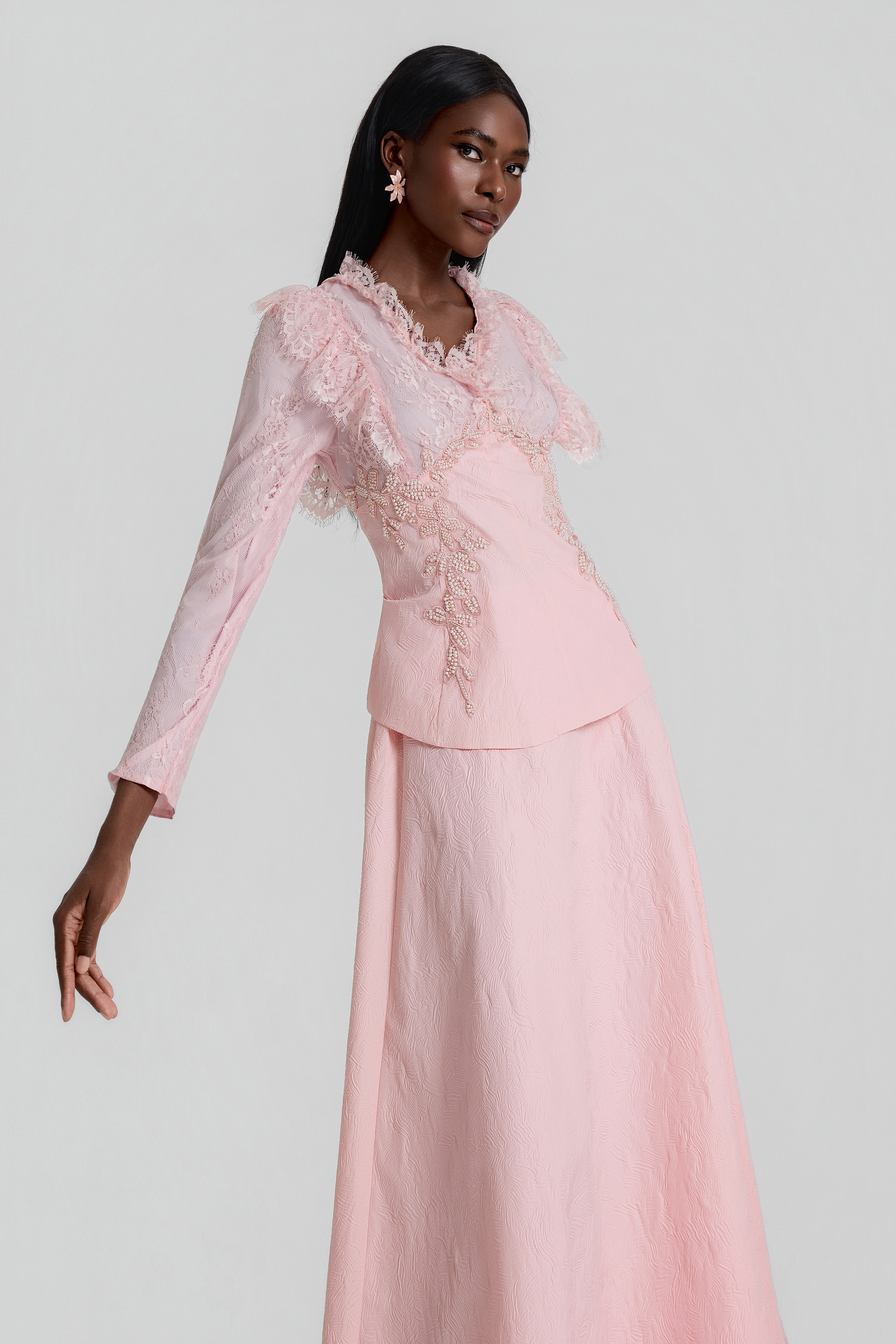 Lace Embroidered Top & Mid Waist Maxi Skirt Set