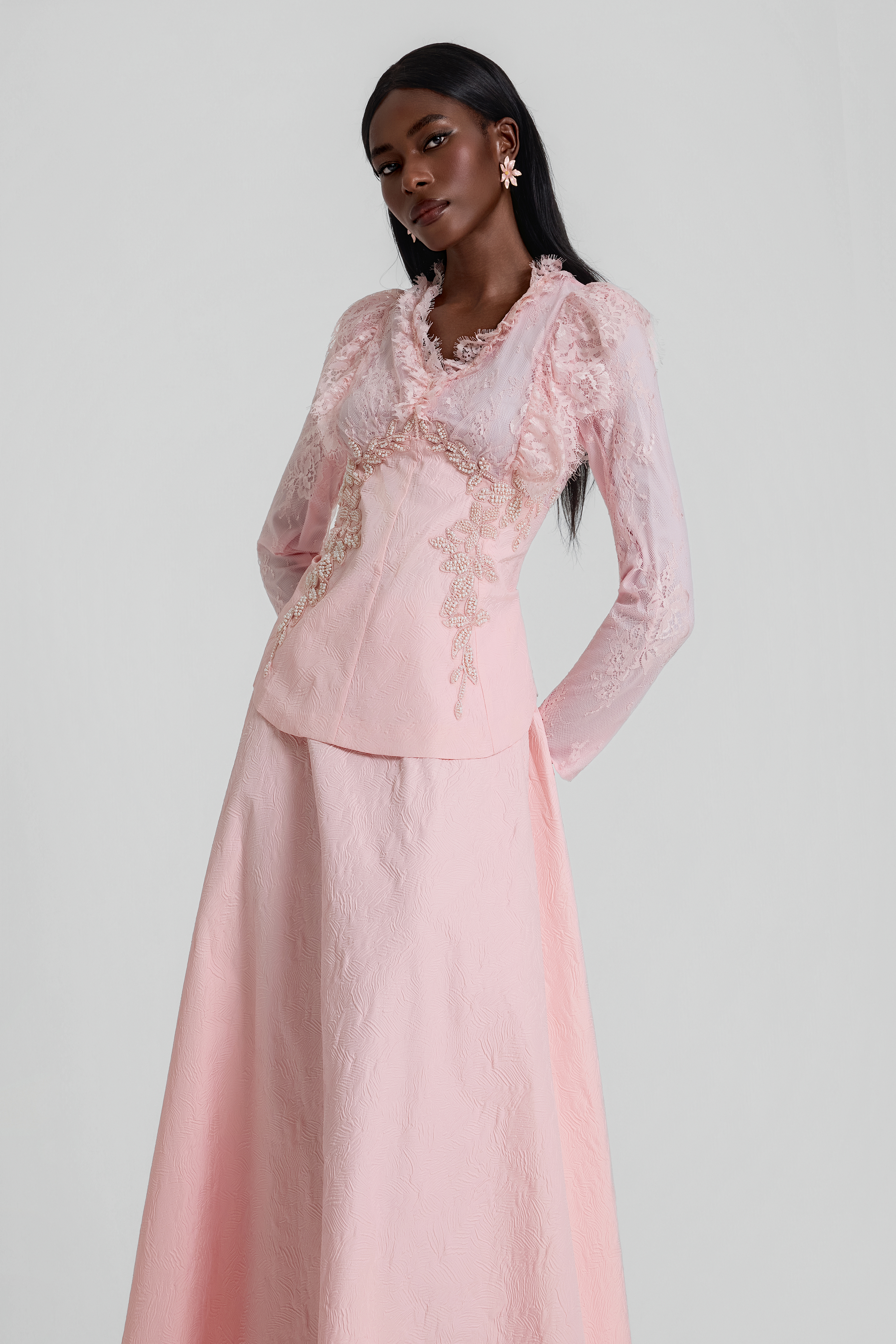 Lace Embroidered Top & Mid Waist Maxi Skirt Set