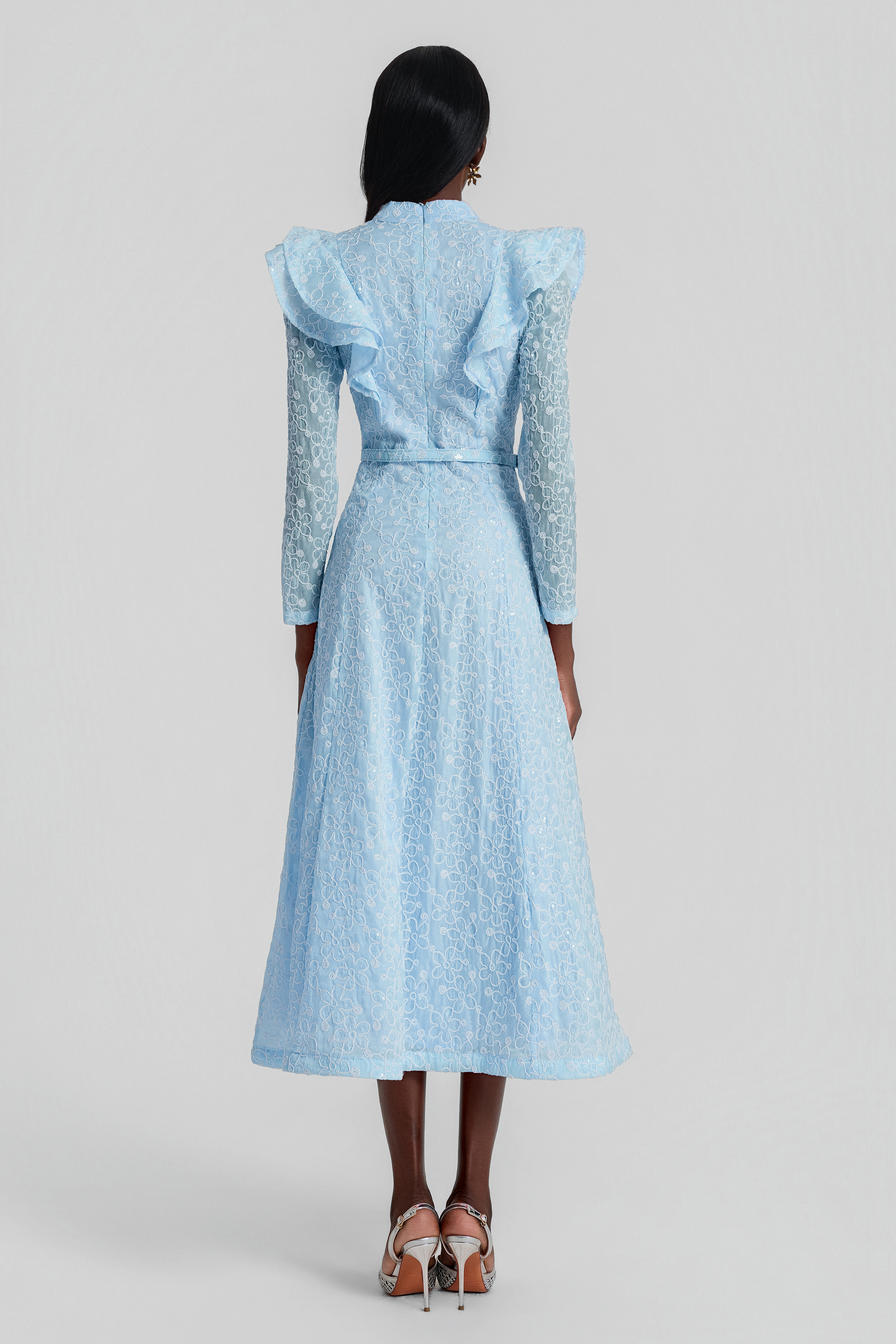 Embroidered Sequin Midi Dress With Belt