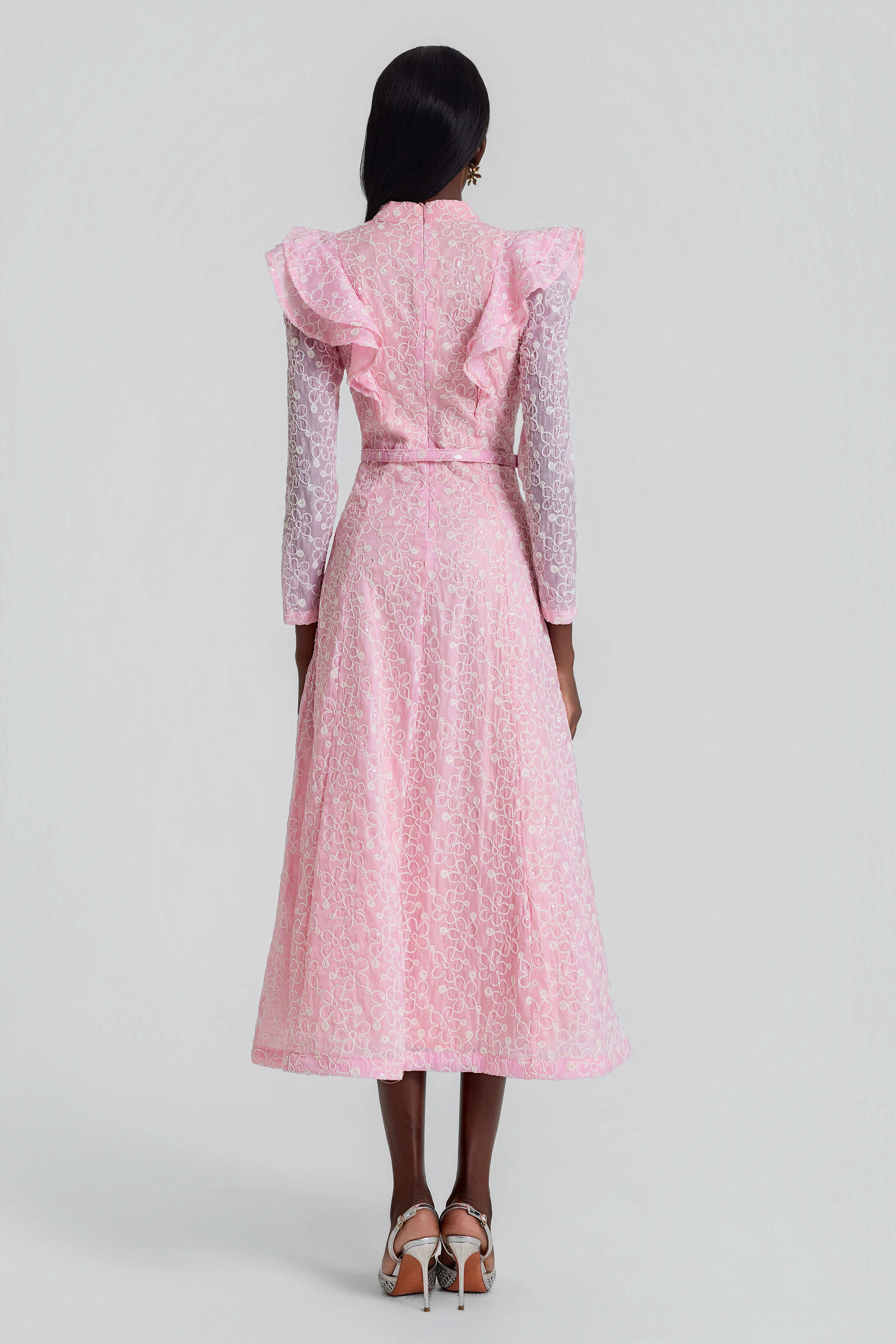Embroidered Sequin Midi Dress With Belt
