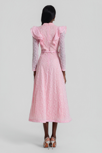 Embroidered Sequin Midi Dress With Belt