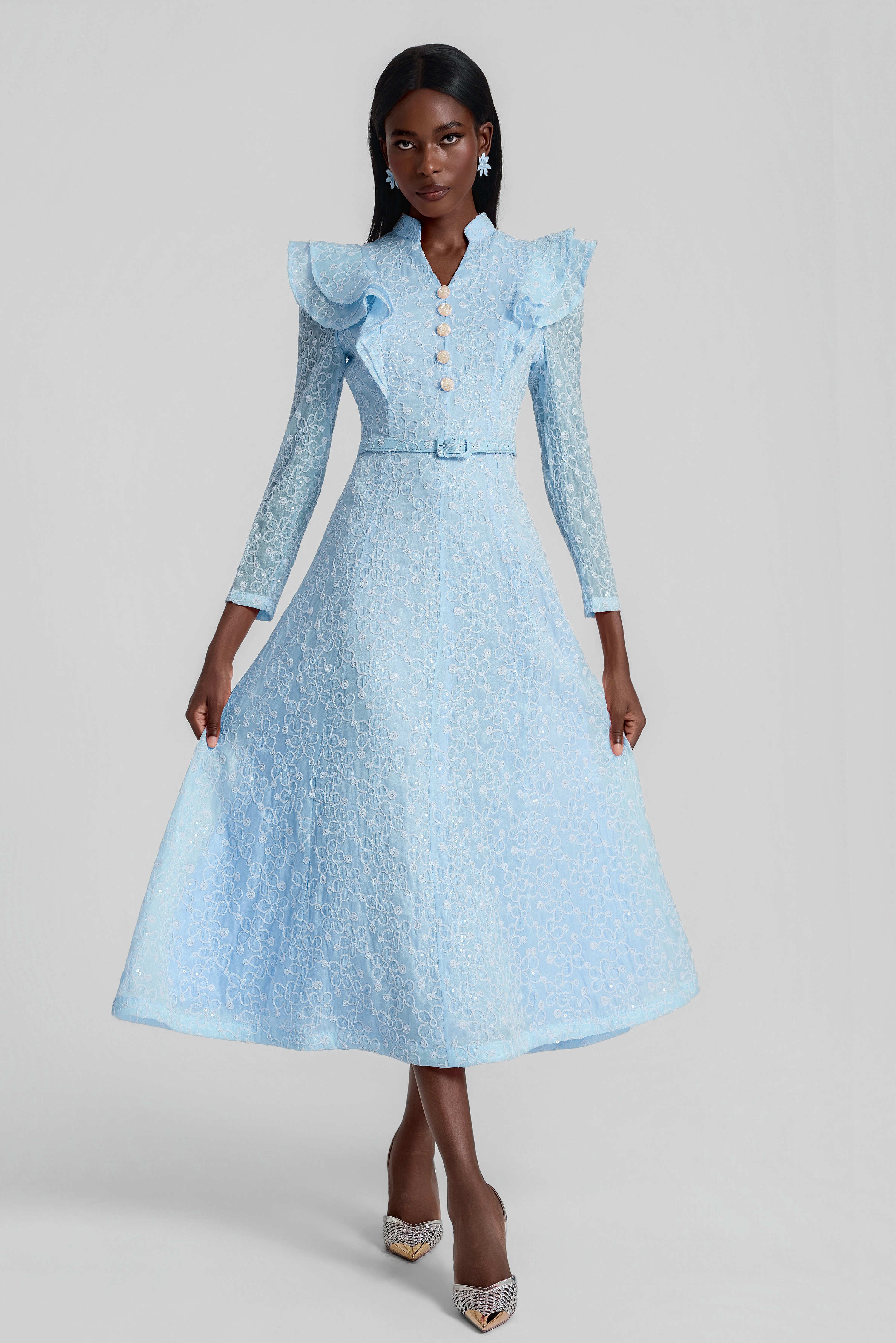 Embroidered Sequin Midi Dress With Belt