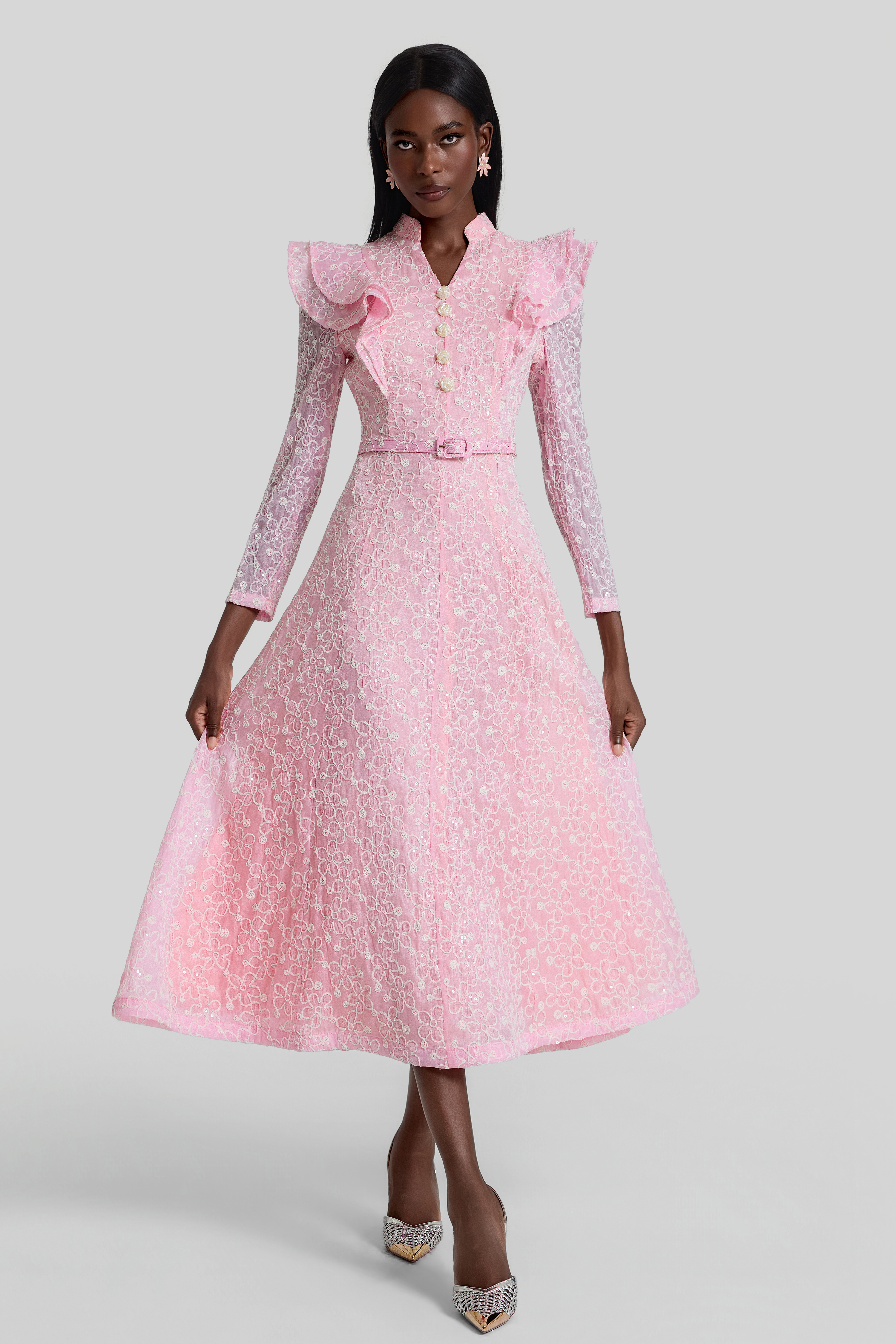 Embroidered Sequin Midi Dress With Belt