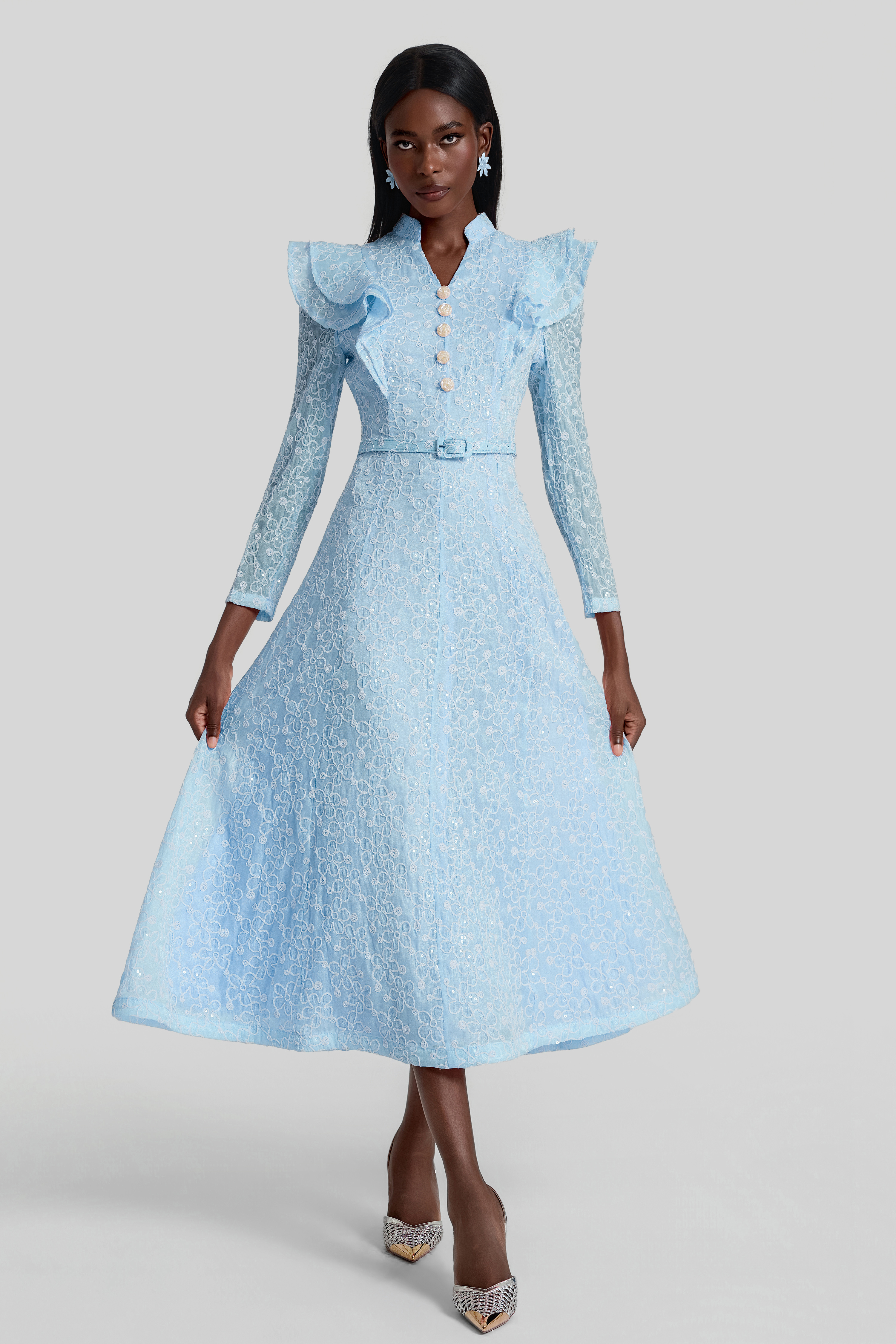 Embroidered Sequin Midi Dress With Belt