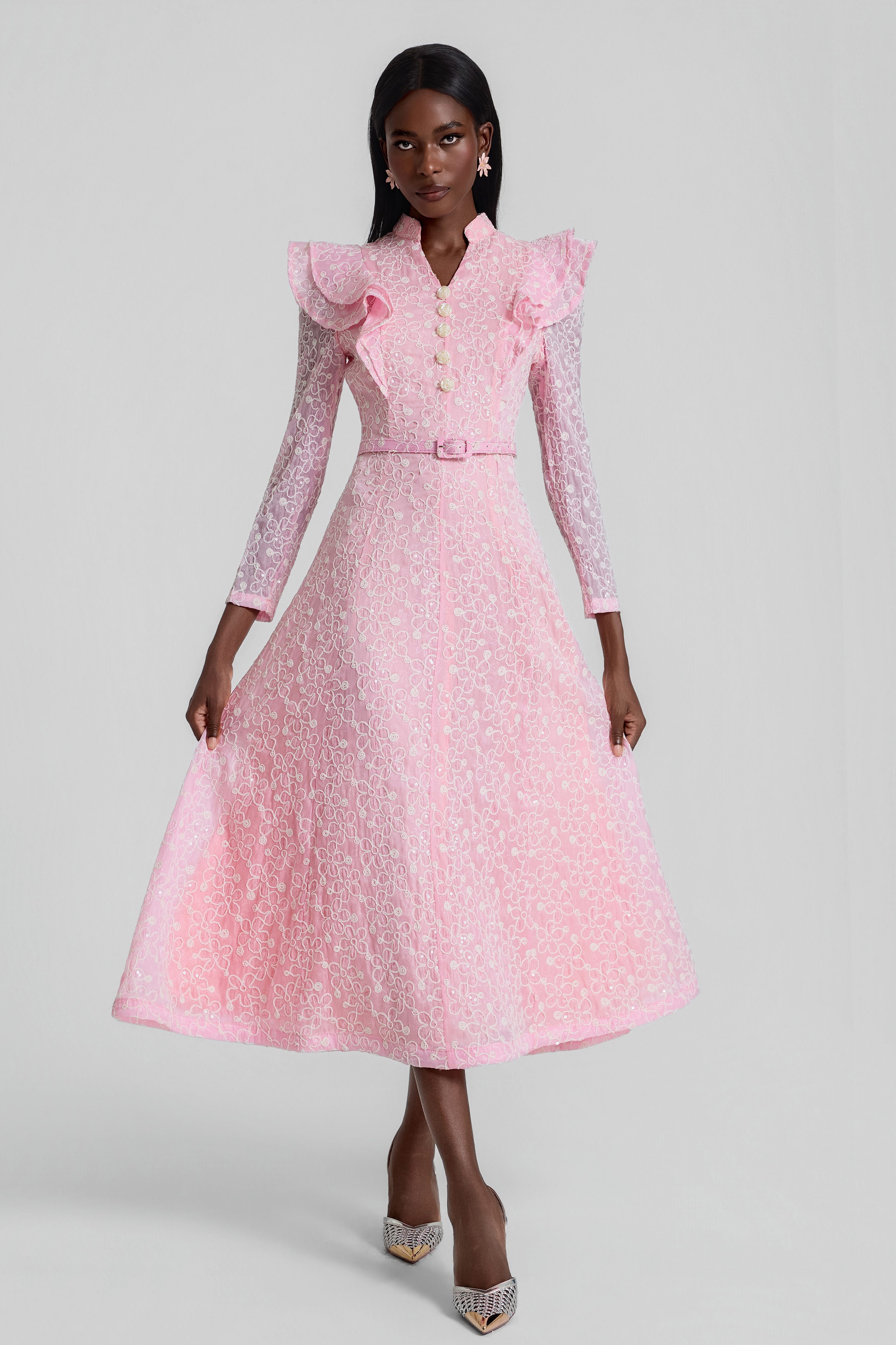 Embroidered Sequin Midi Dress With Belt