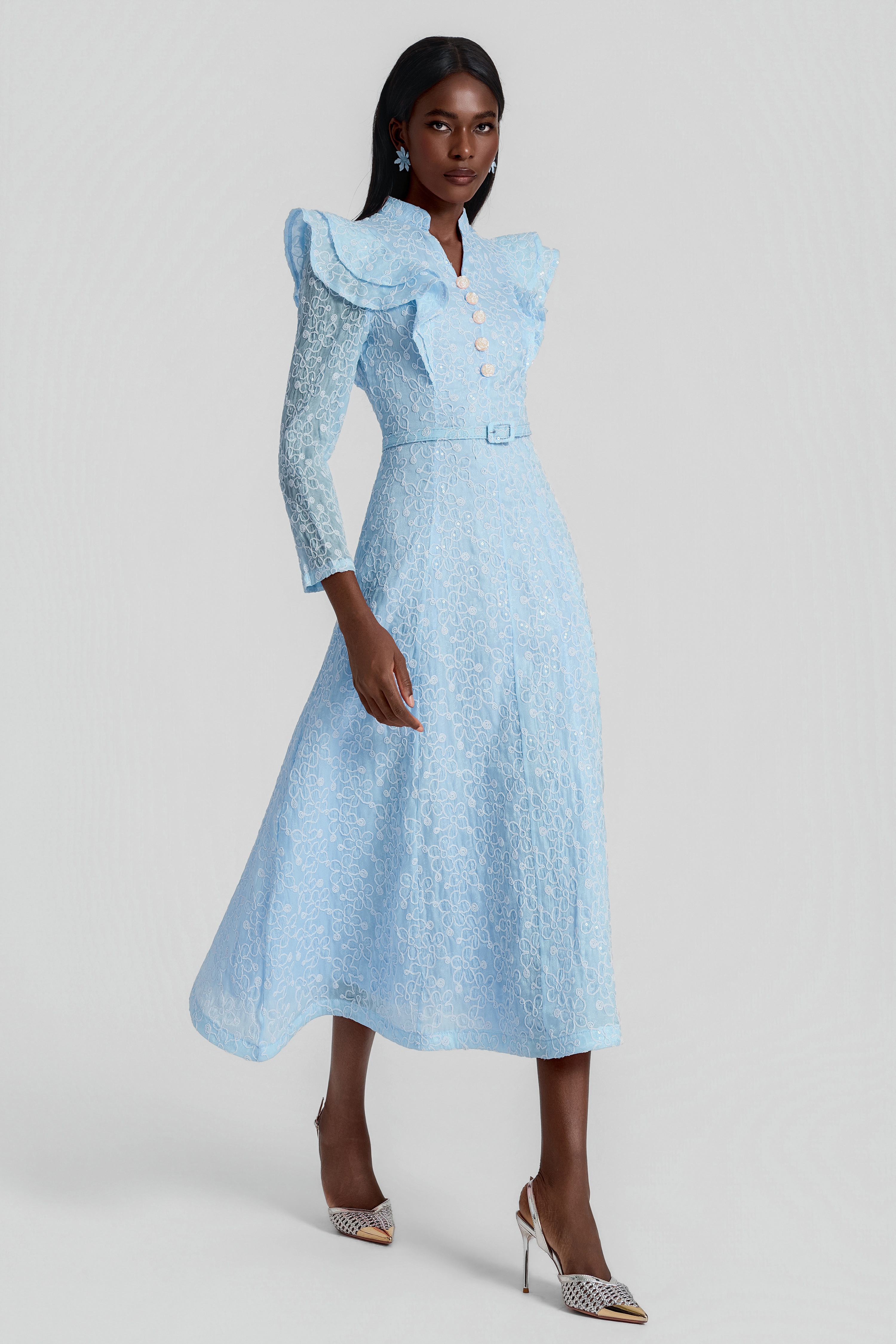 Embroidered Sequin Midi Dress With Belt