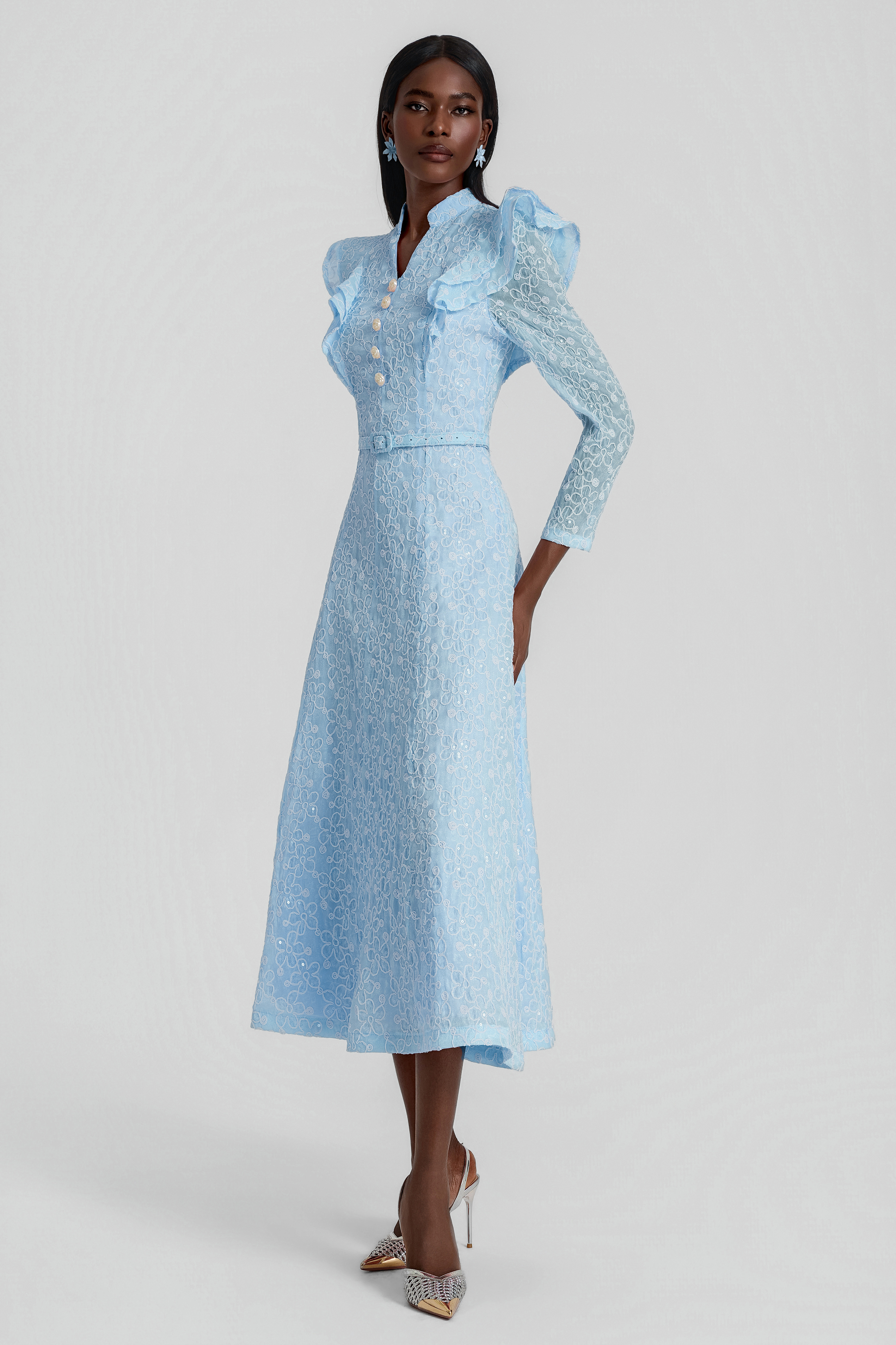 Embroidered Sequin Midi Dress With Belt