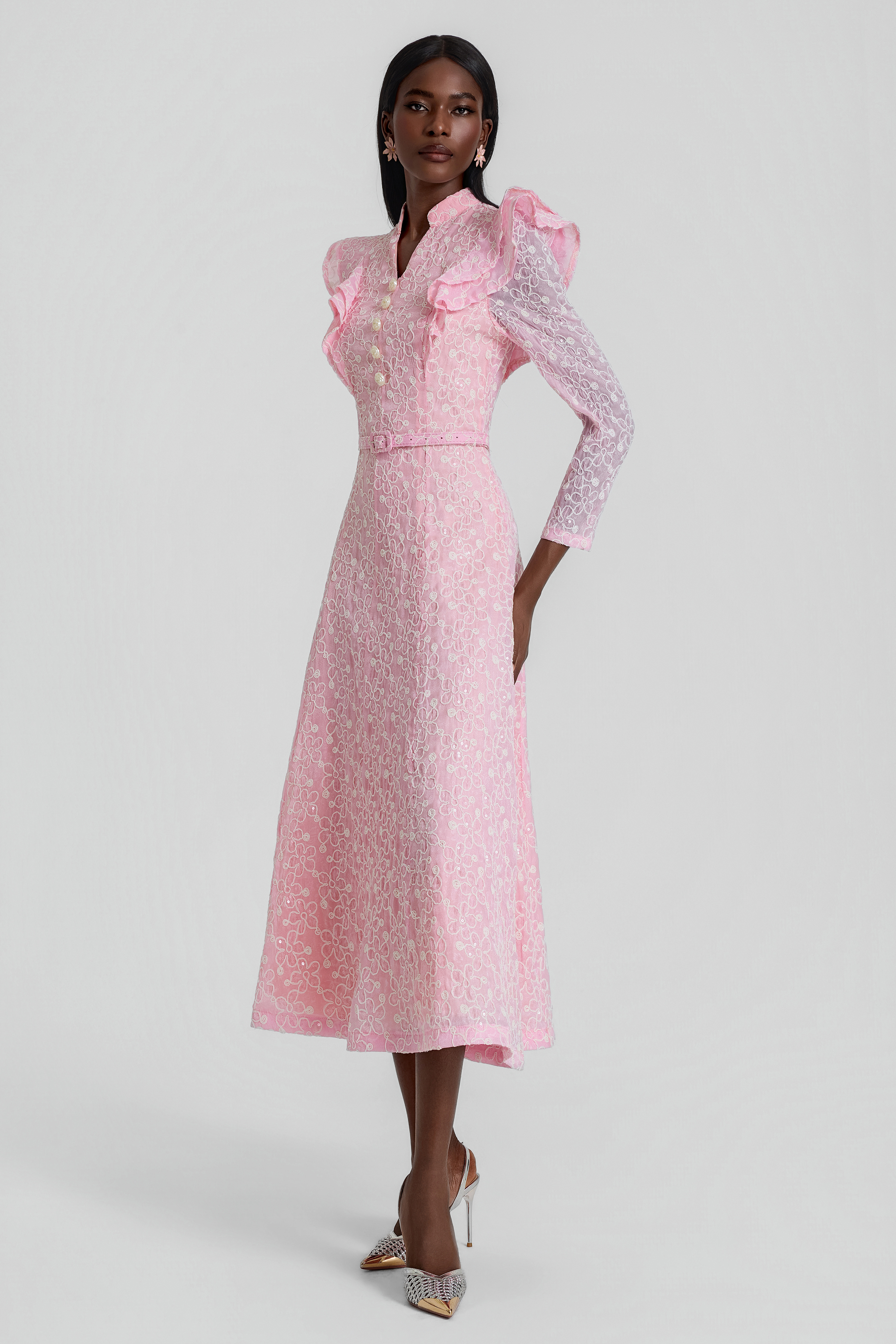Embroidered Sequin Midi Dress With Belt