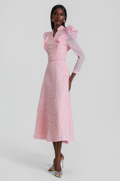Embroidered Sequin Midi Dress With Belt