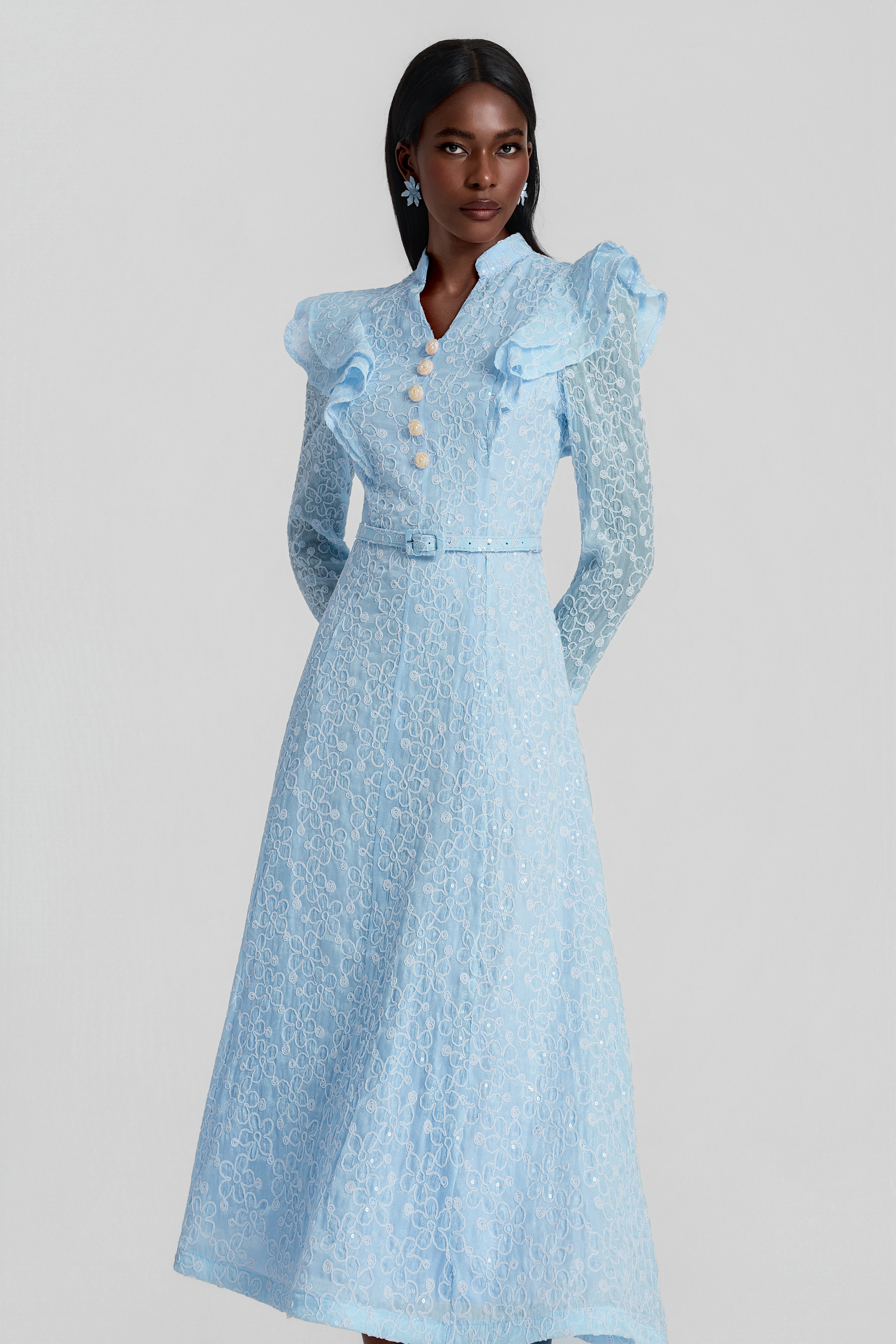 Embroidered Sequin Midi Dress With Belt