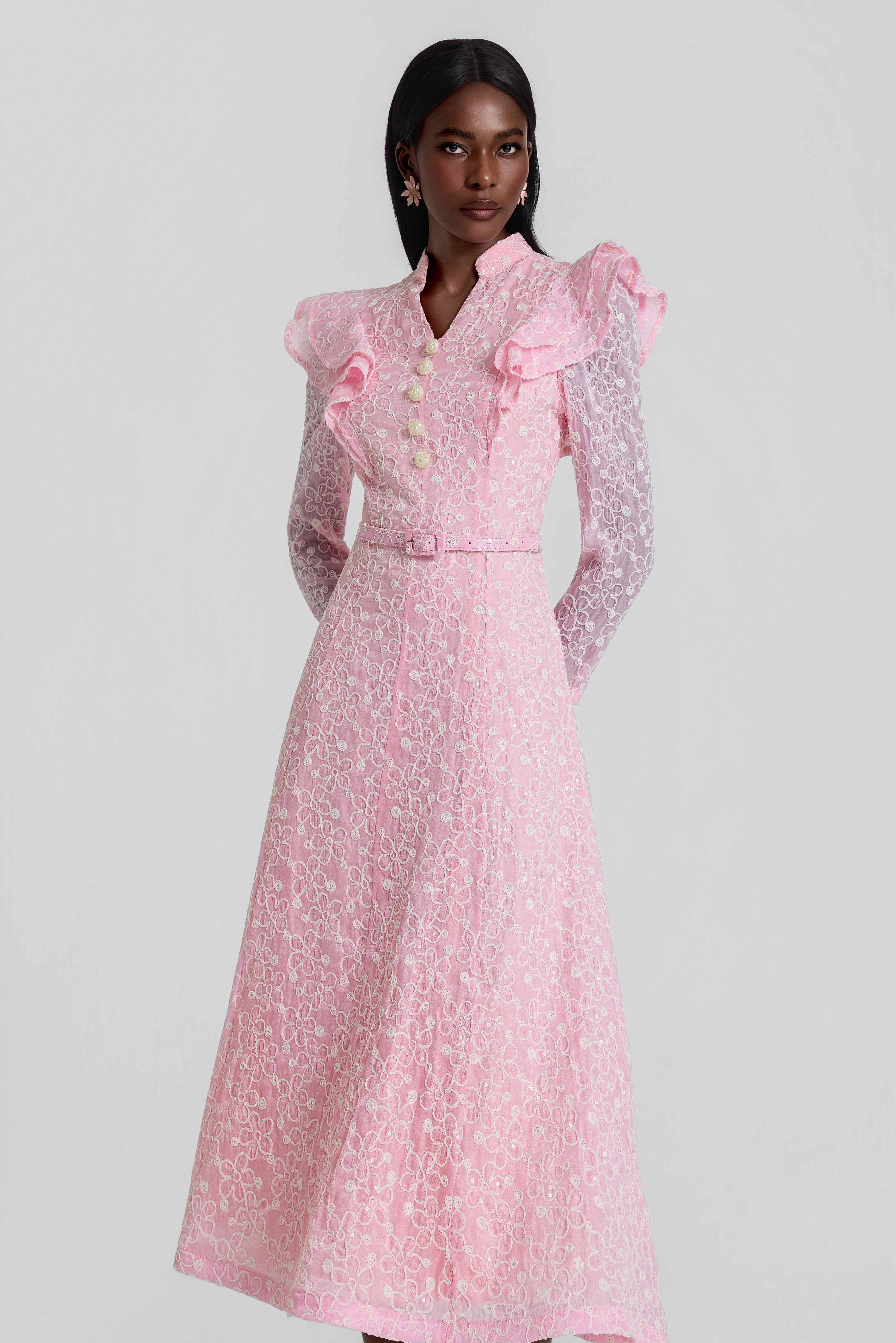 Embroidered Sequin Midi Dress With Belt