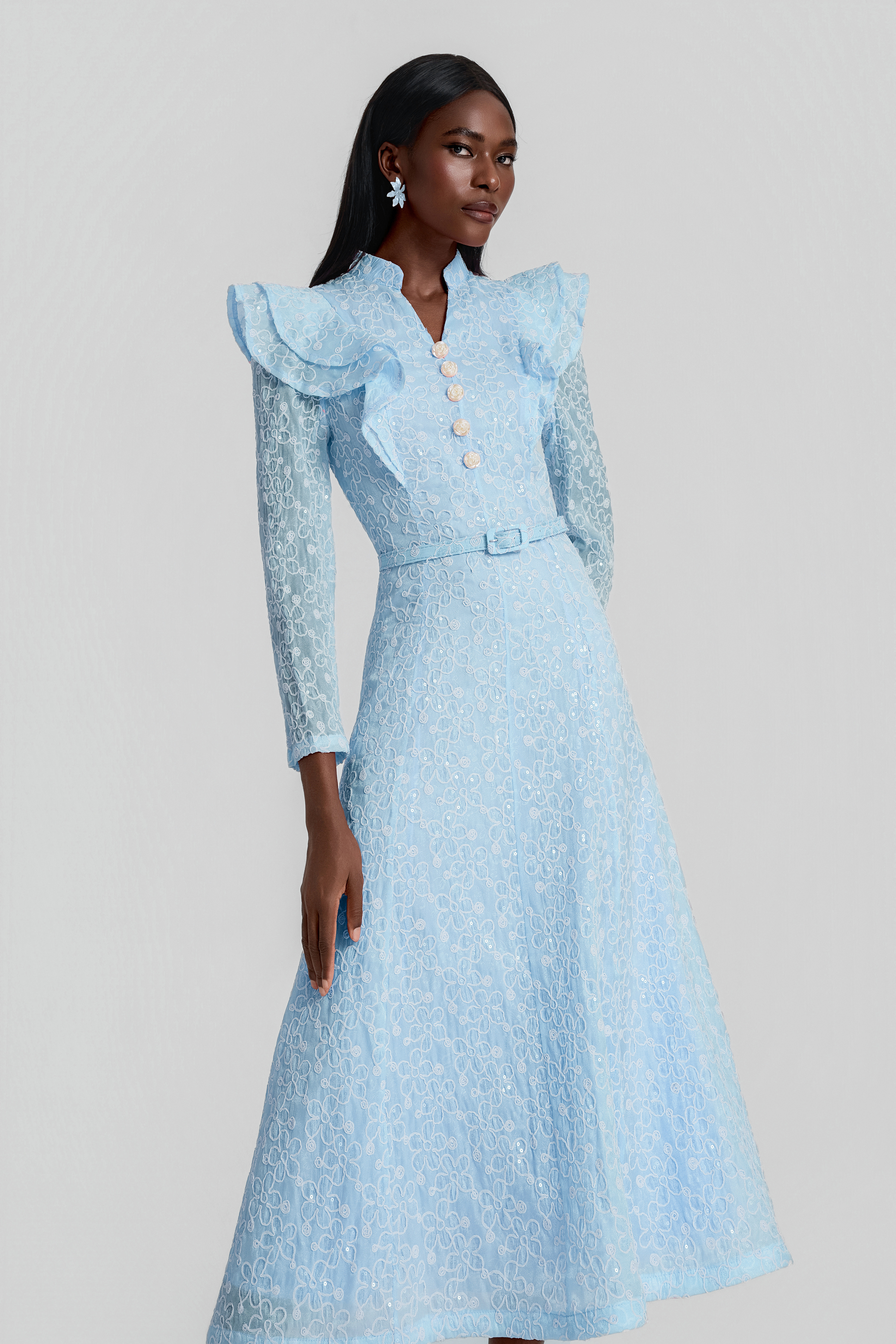 Embroidered Sequin Midi Dress With Belt