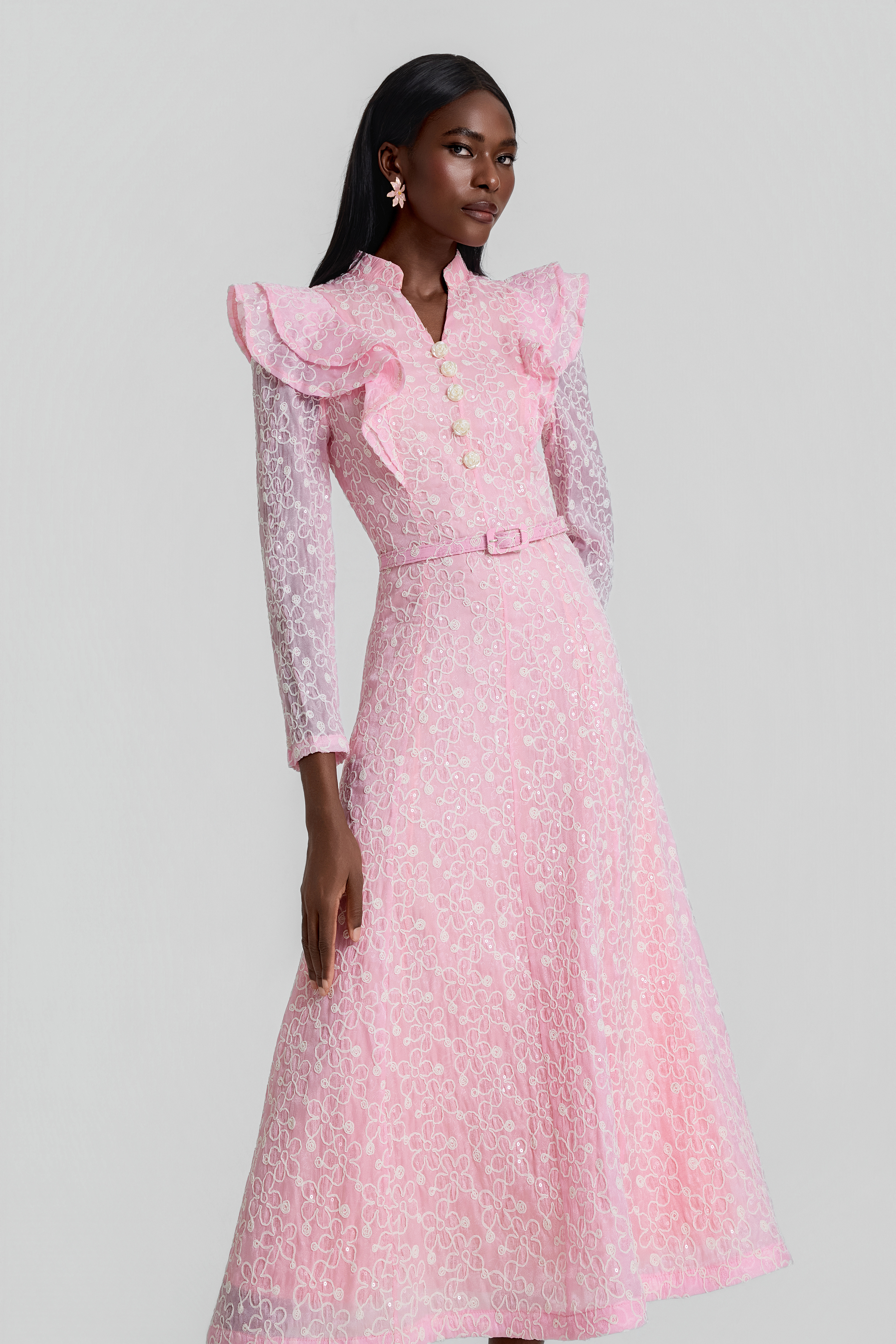 Embroidered Sequin Midi Dress With Belt