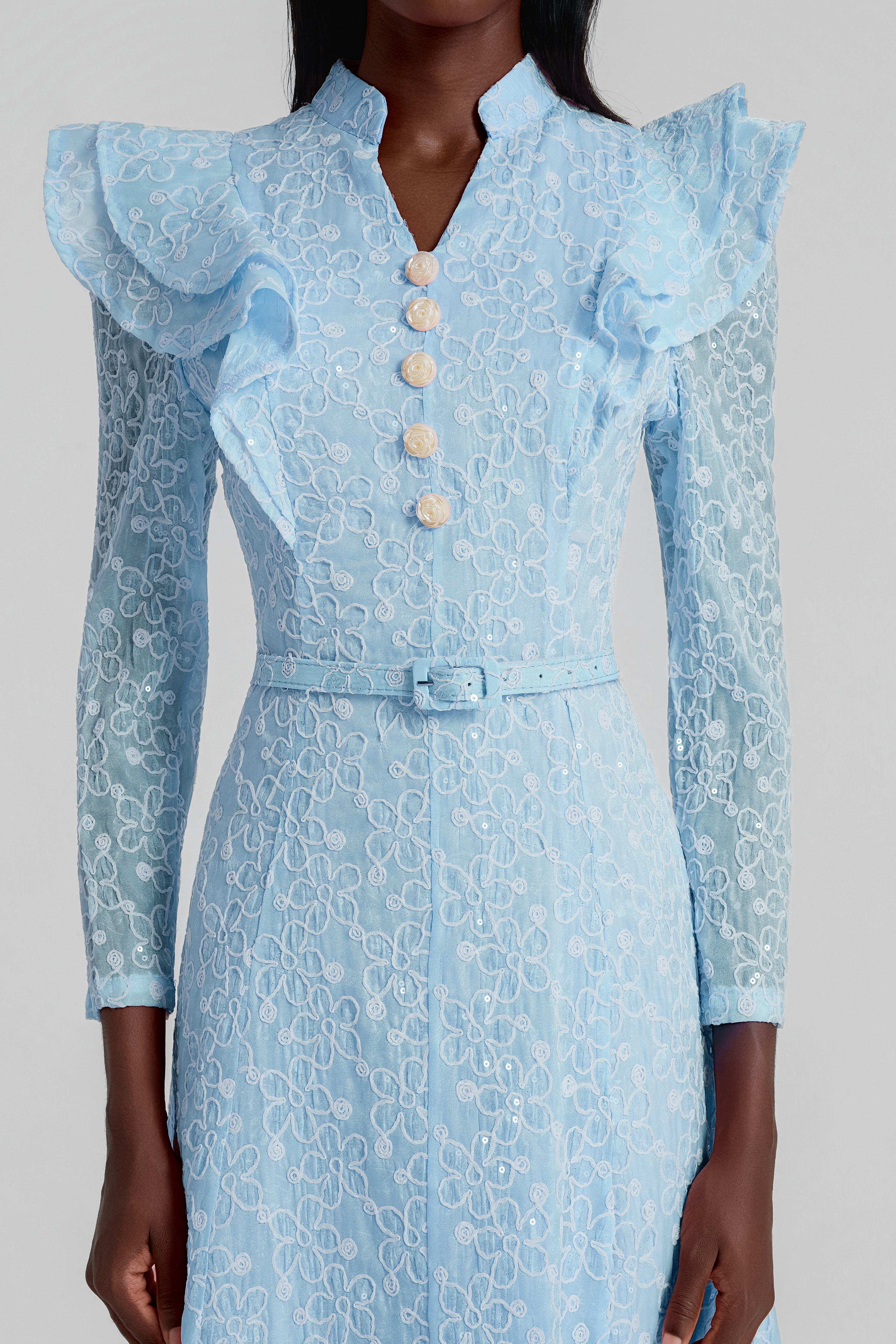 Embroidered Sequin Midi Dress With Belt