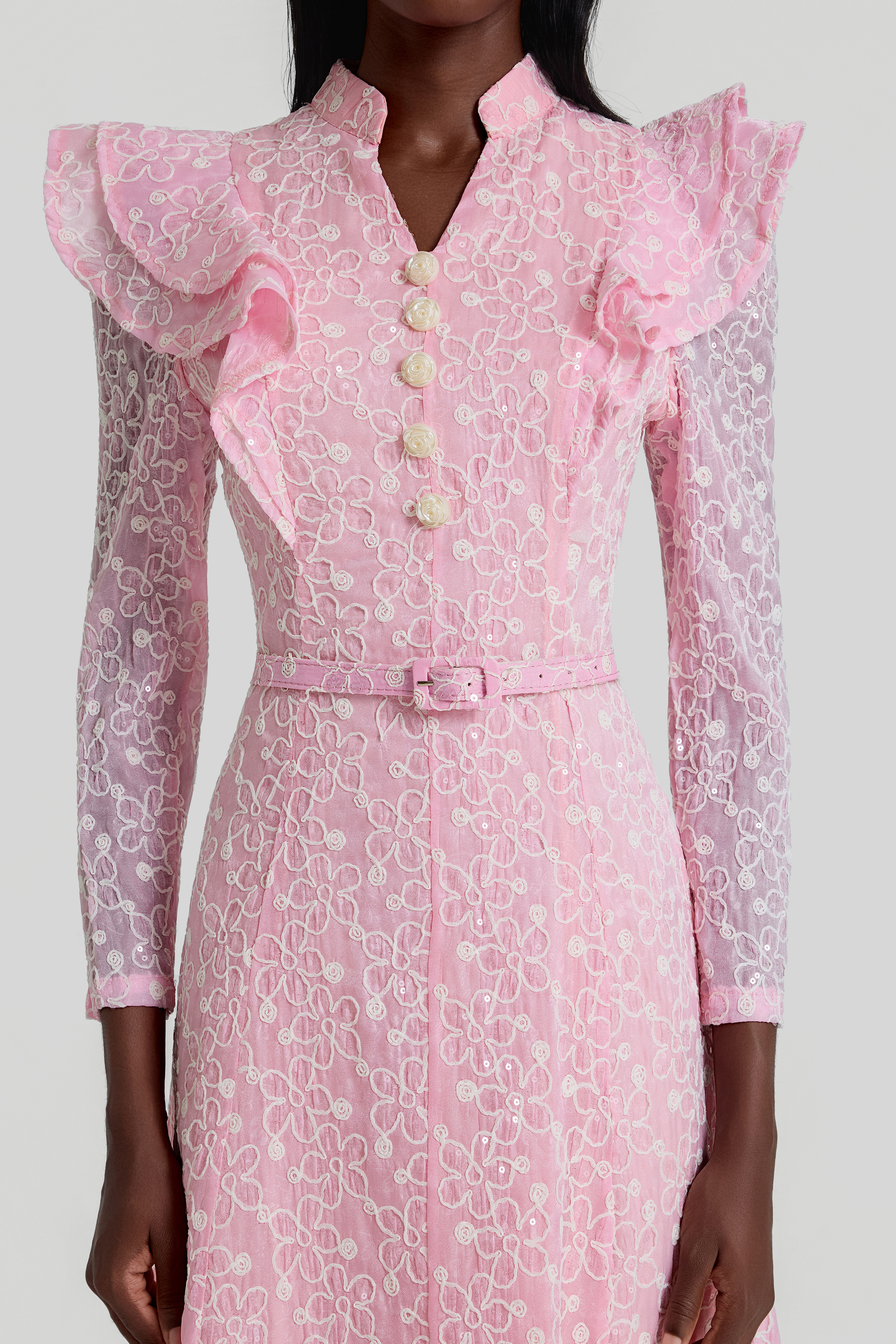 Embroidered Sequin Midi Dress With Belt