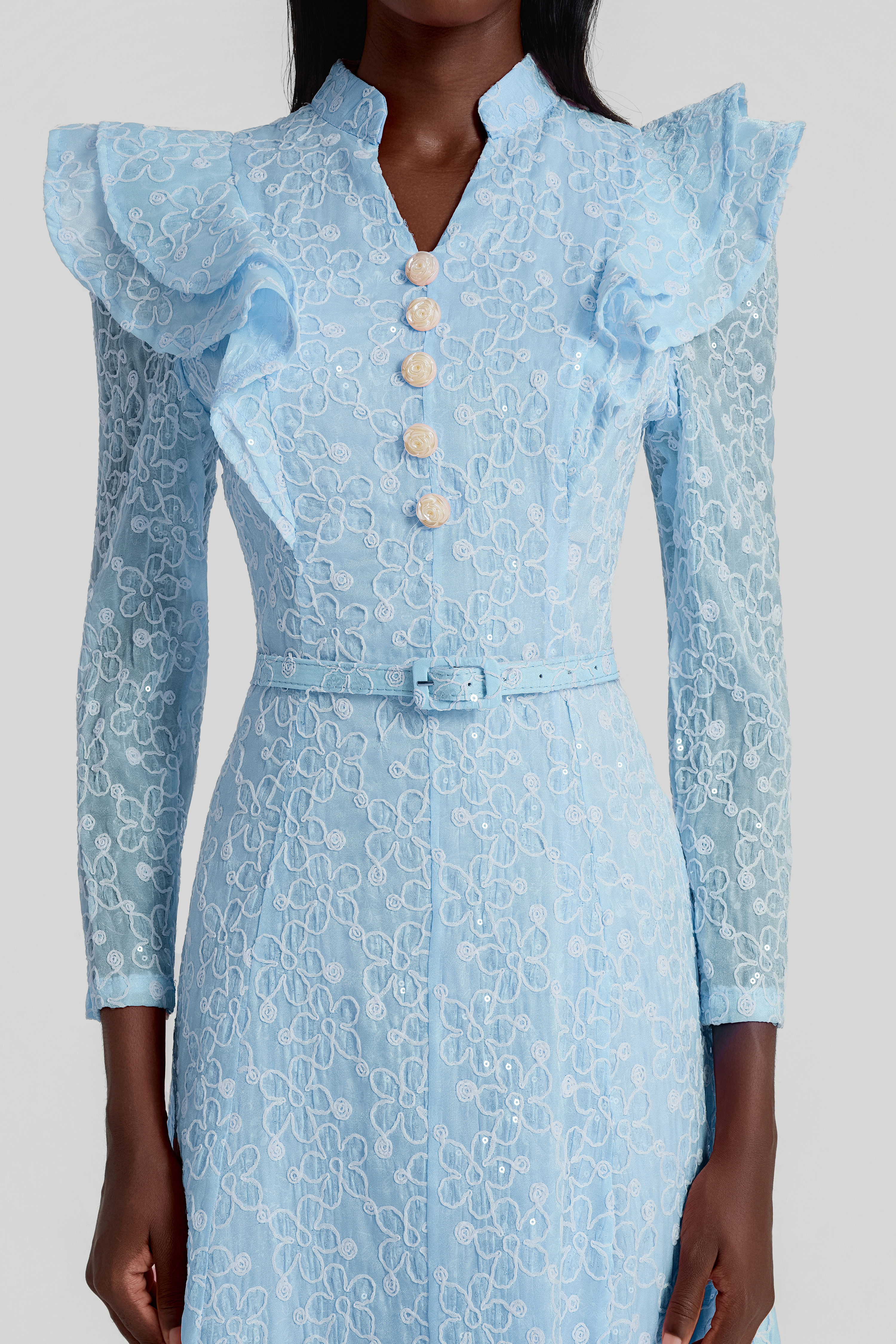Embroidered Sequin Midi Dress With Belt