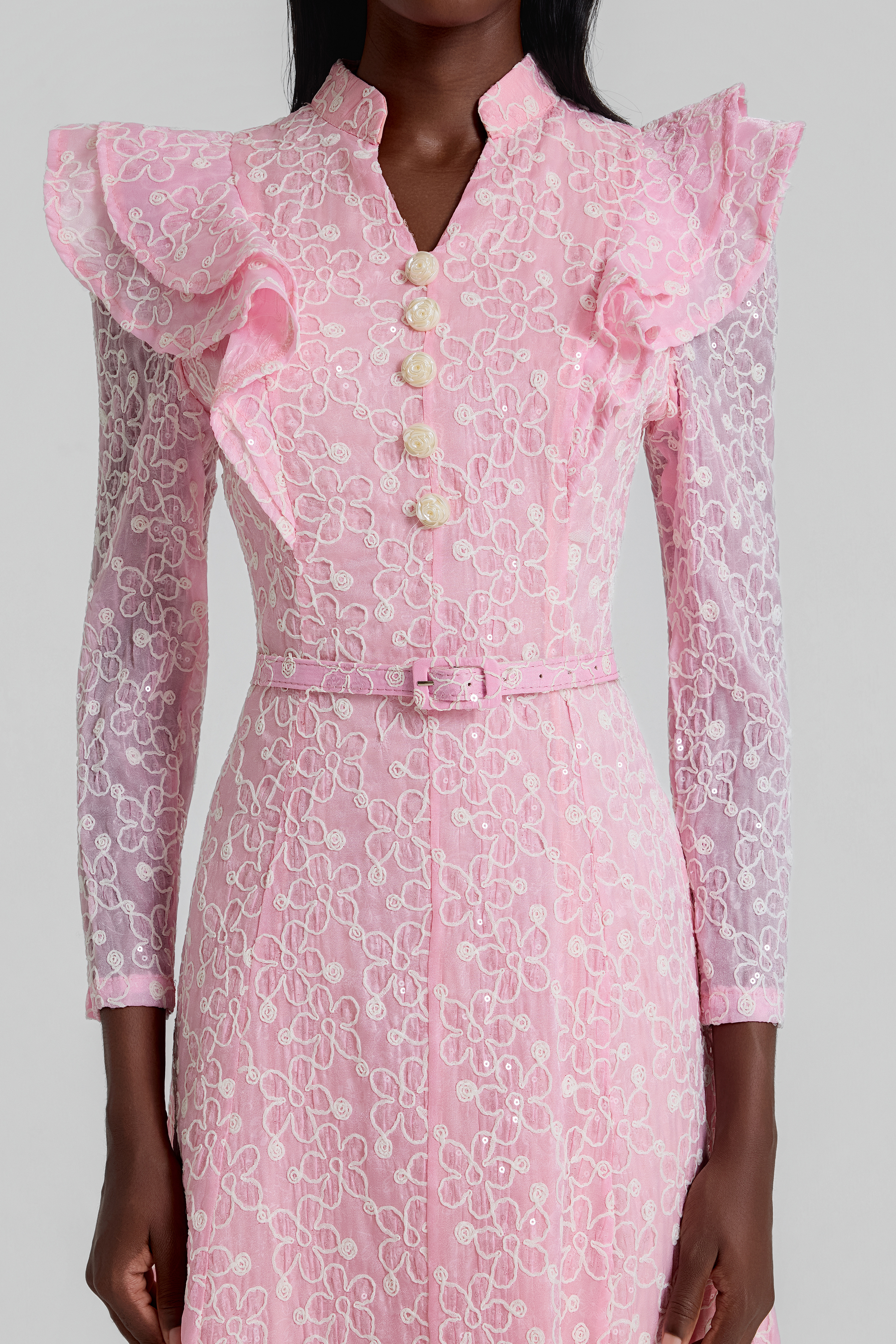 Embroidered Sequin Midi Dress With Belt