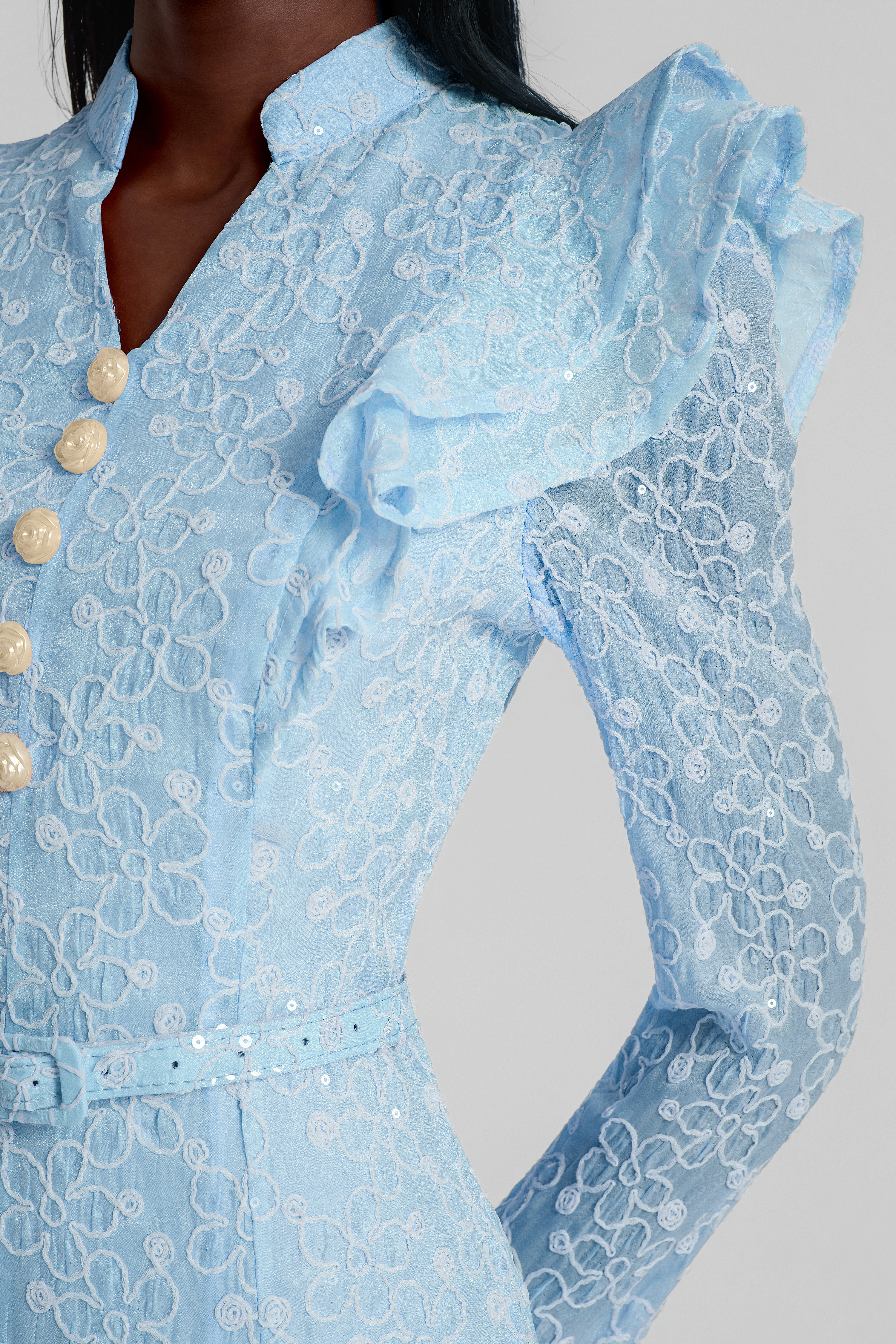 Embroidered Sequin Midi Dress With Belt