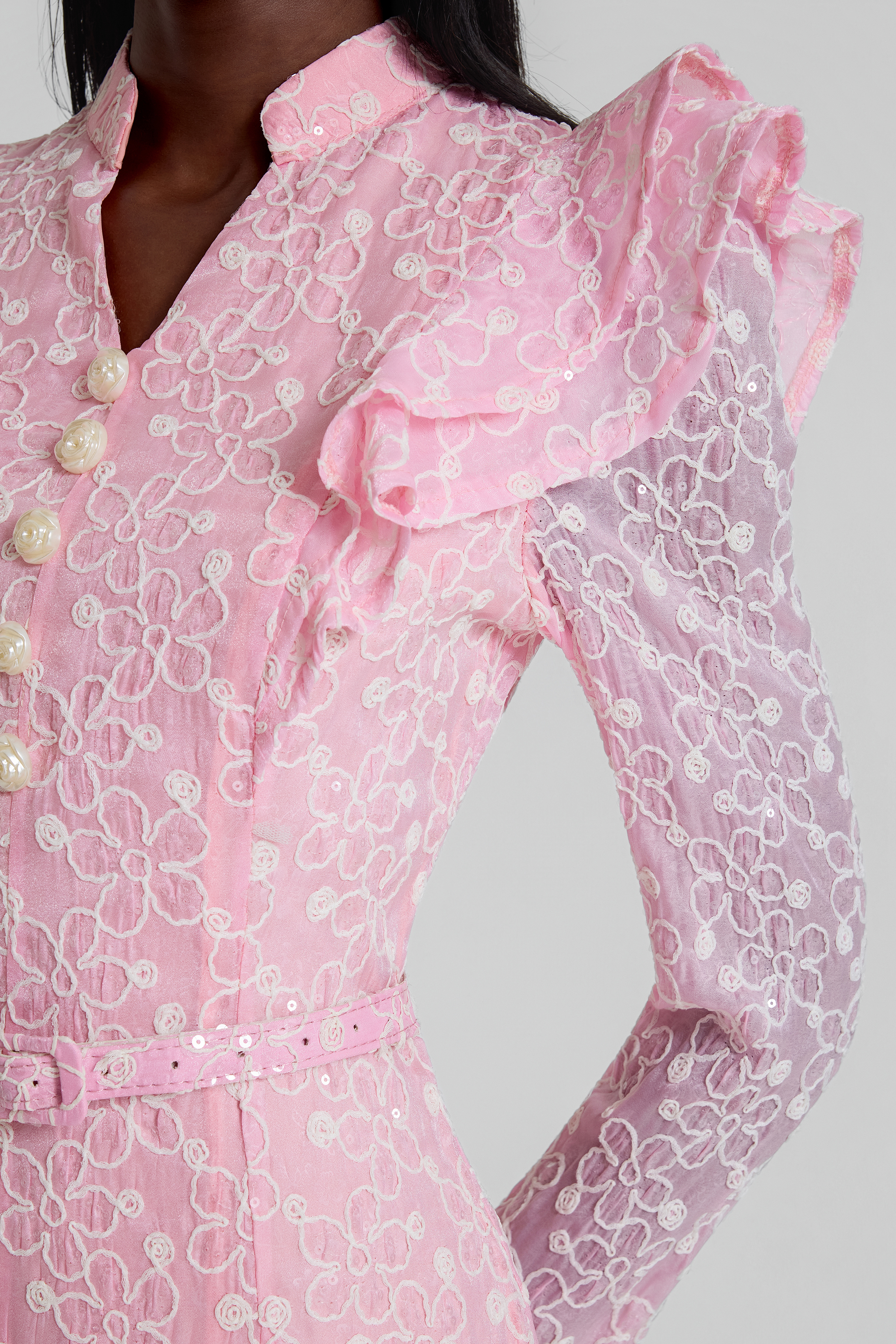 Embroidered Sequin Midi Dress With Belt