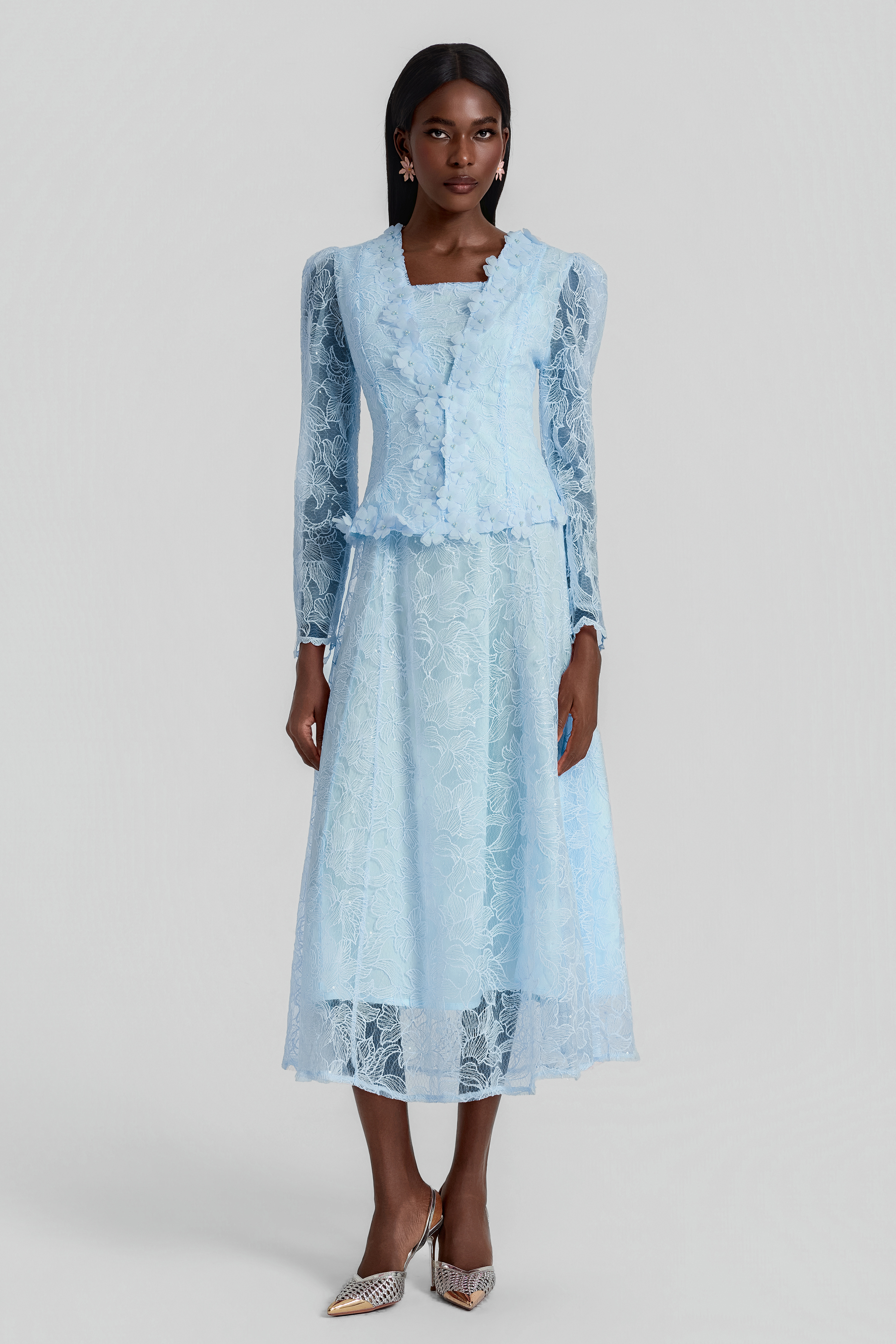 Lace 3D Flower Jacket & Sleeveless Midi Dress Set