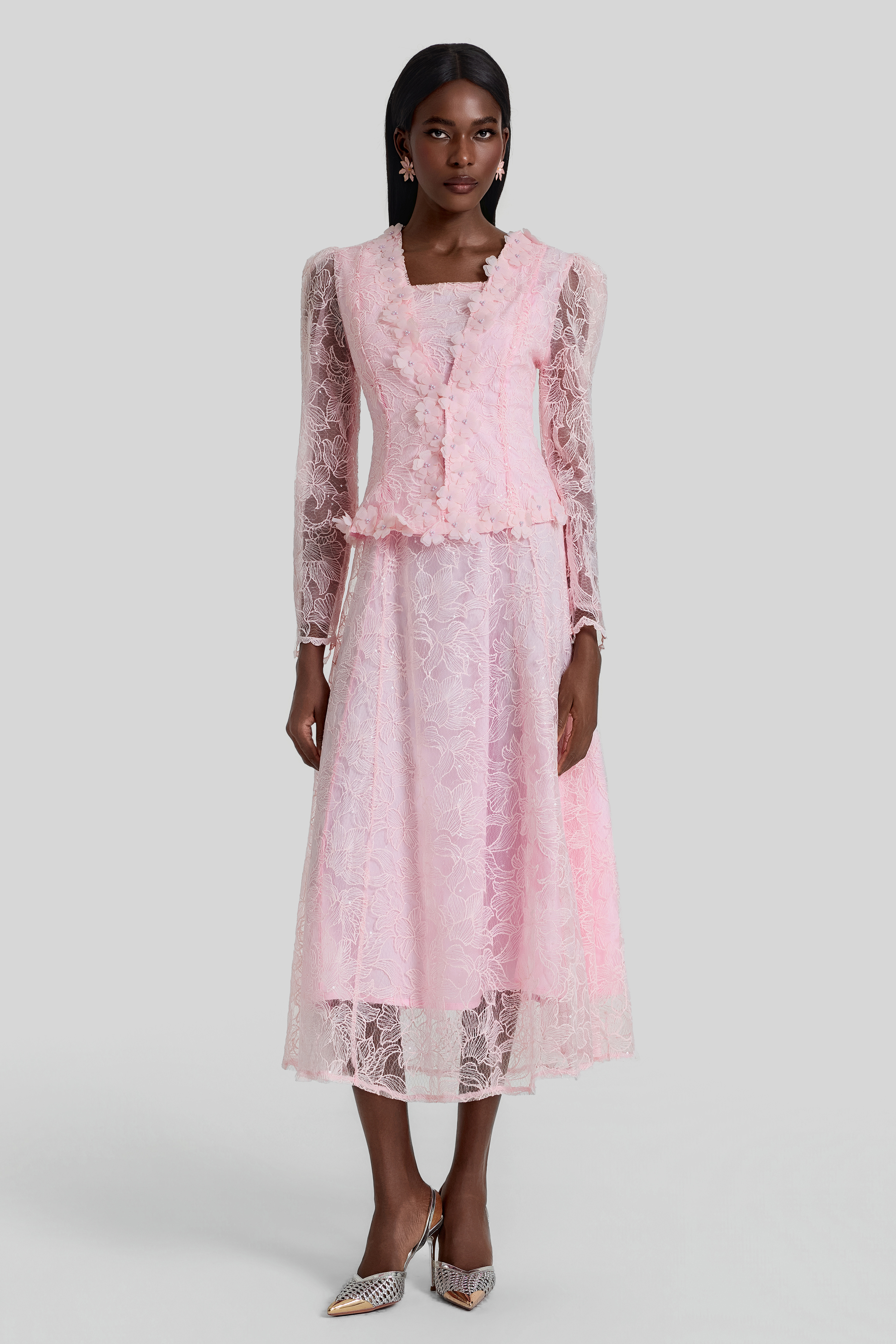 Lace 3D Flower Jacket & Sleeveless Midi Dress Set