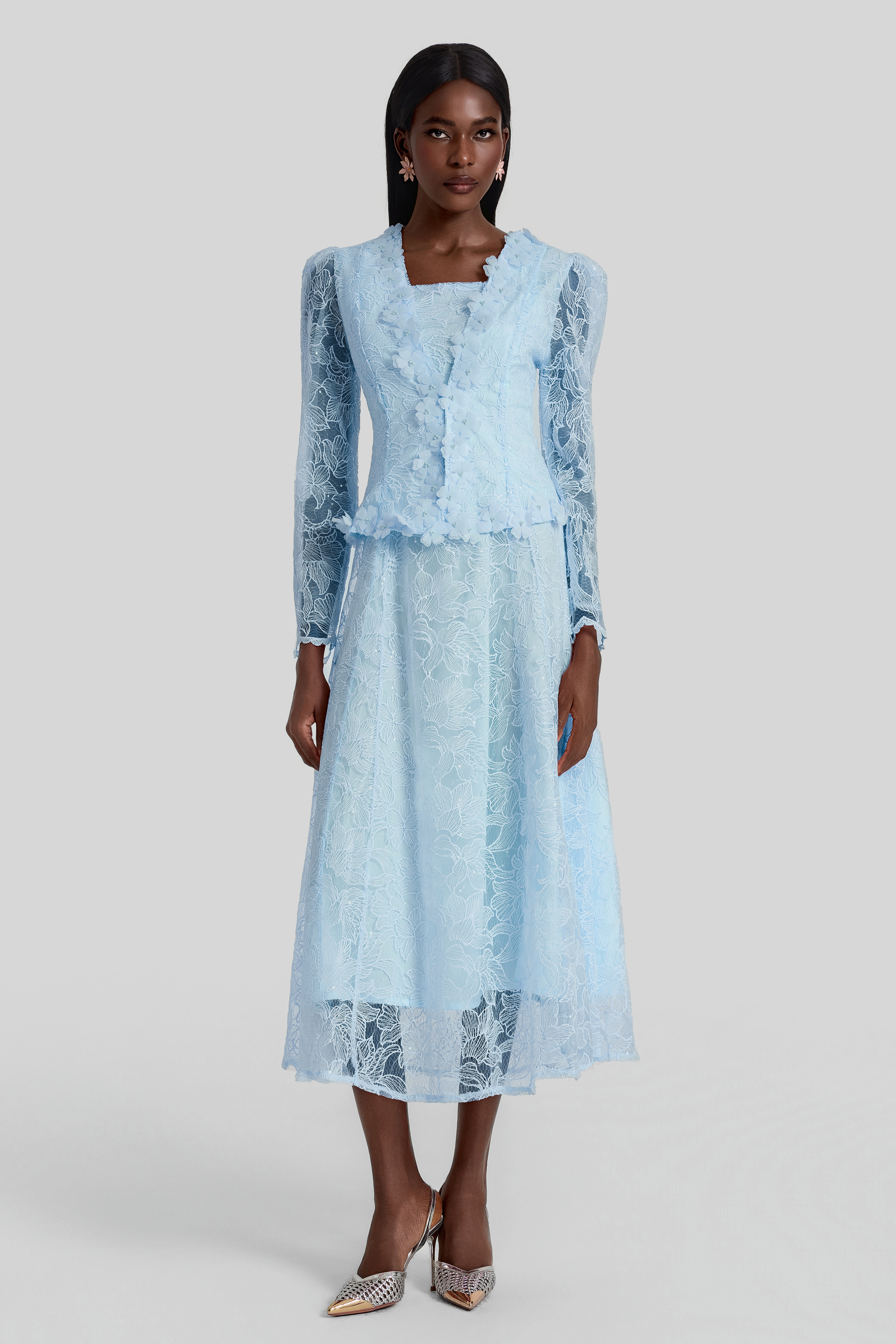 Lace 3D Flower Jacket & Sleeveless Midi Dress Set