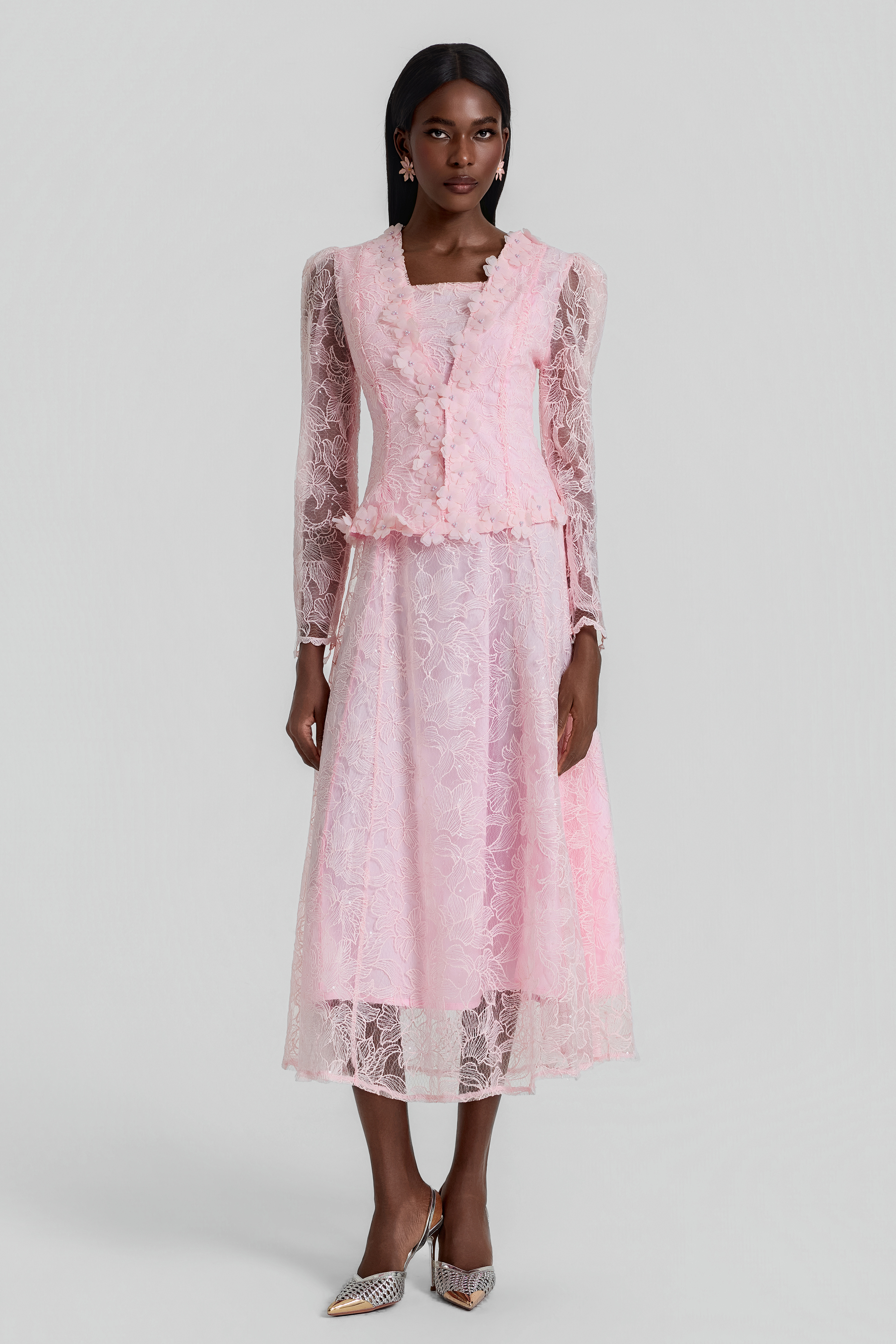 Lace 3D Flower Jacket & Sleeveless Midi Dress Set