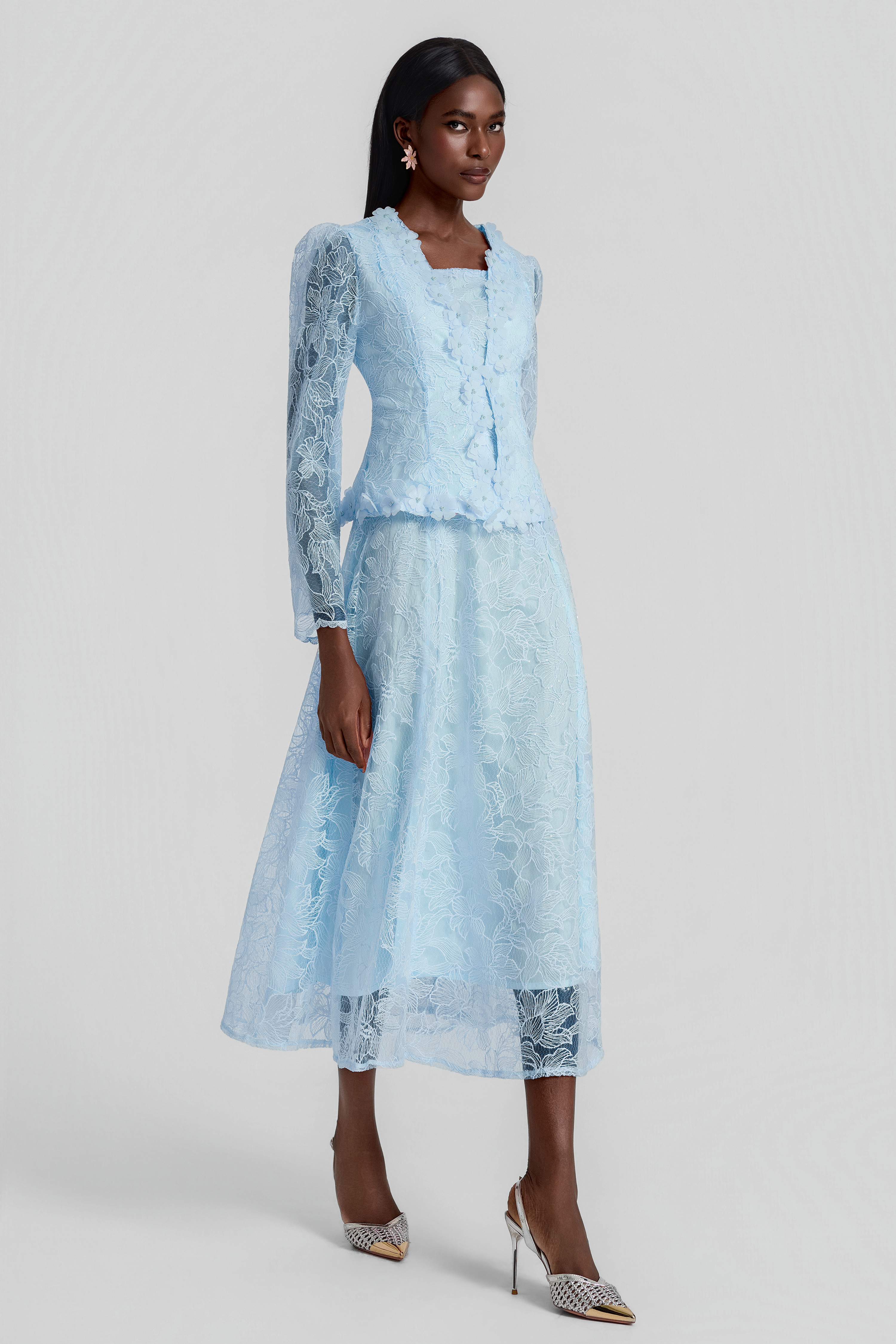 Lace 3D Flower Jacket & Sleeveless Midi Dress Set